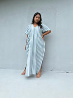 Mala Handworks Daria Hand-Woven Cotton Kaftan in White & Mist Stripe