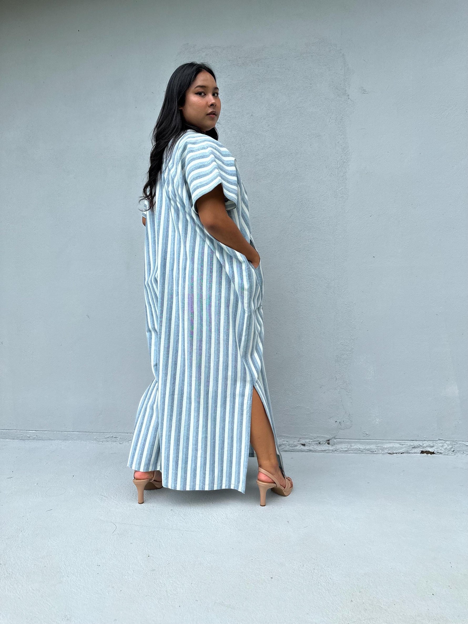 Mala Handworks Daria Hand-Woven Cotton Kaftan in White & Mist Stripe