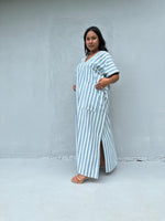 Mala Handworks Daria Hand-Woven Cotton Kaftan in White & Mist Stripe