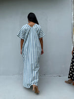Mala Handworks Daria Hand-Woven Cotton Kaftan in White & Mist Stripe