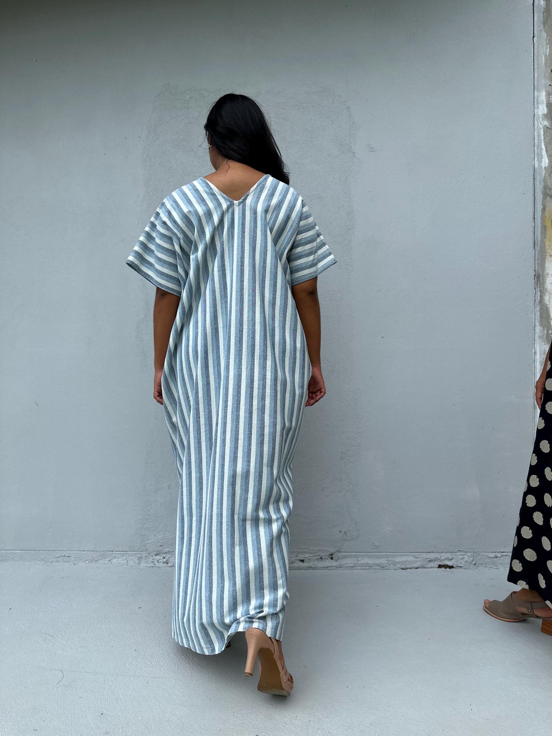 Mala Handworks Daria Hand-Woven Cotton Kaftan in White & Mist Stripe