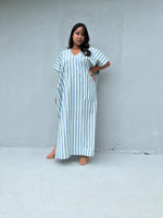 Mala Handworks Daria Hand-Woven Cotton Kaftan in White & Mist Stripe
