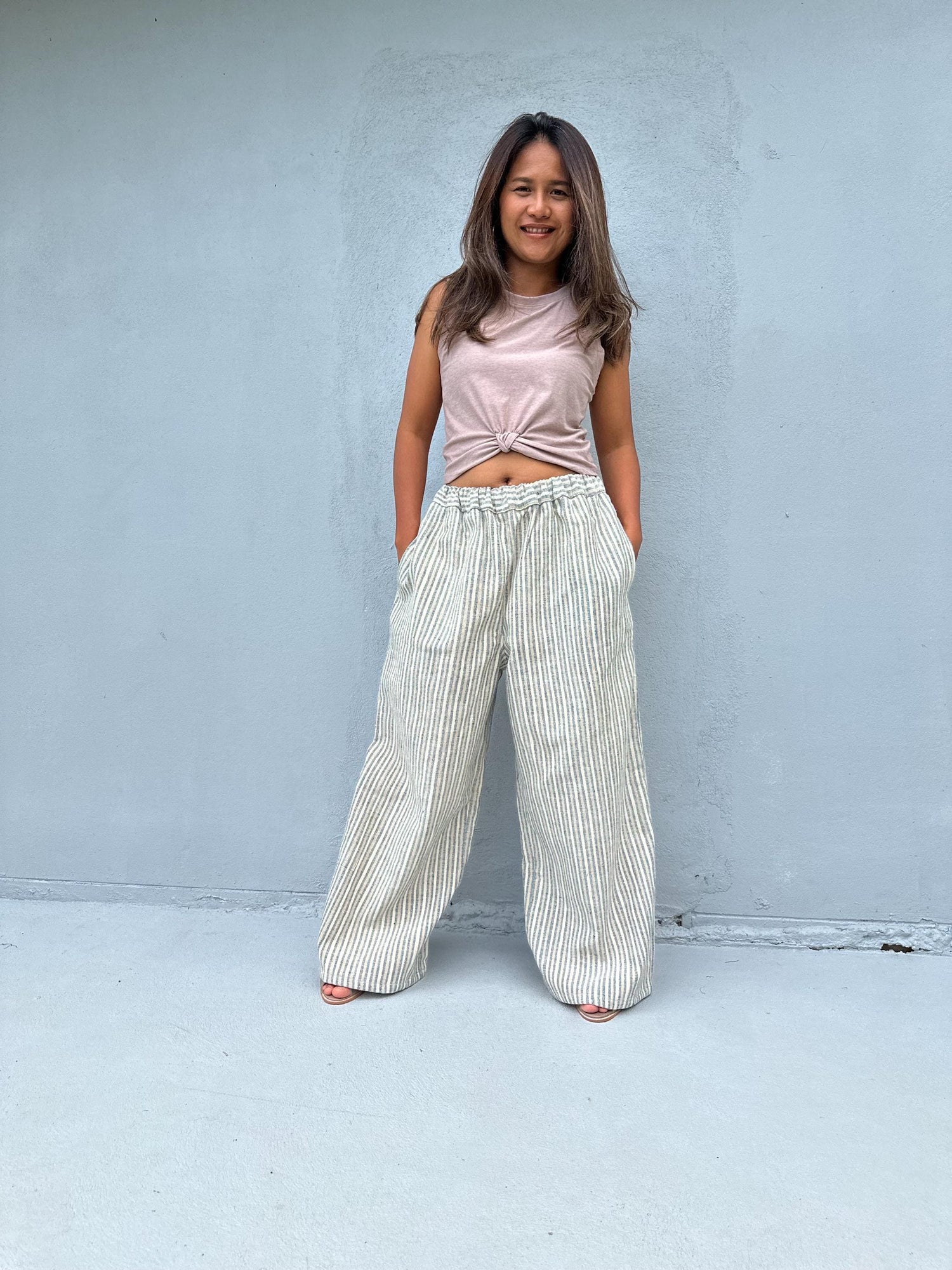Tala Cream and Gray Striped Pants front view