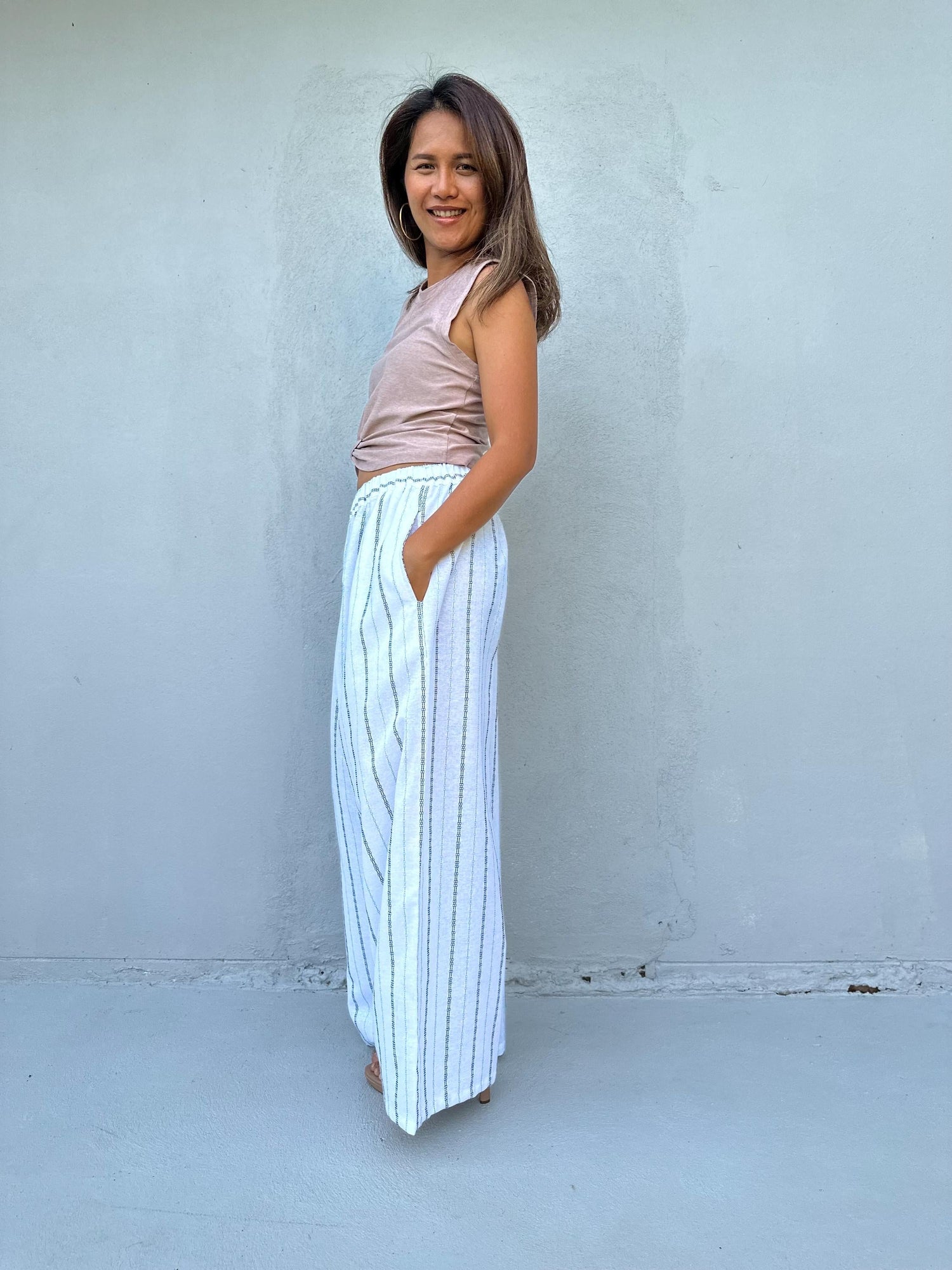 Tala Wide Leg Cotton Pants in White Stripes