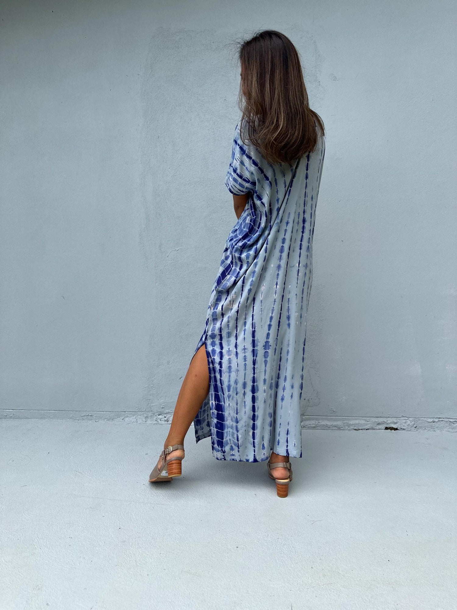 Callie Petite Kaftan in White and Blue Tie Dye