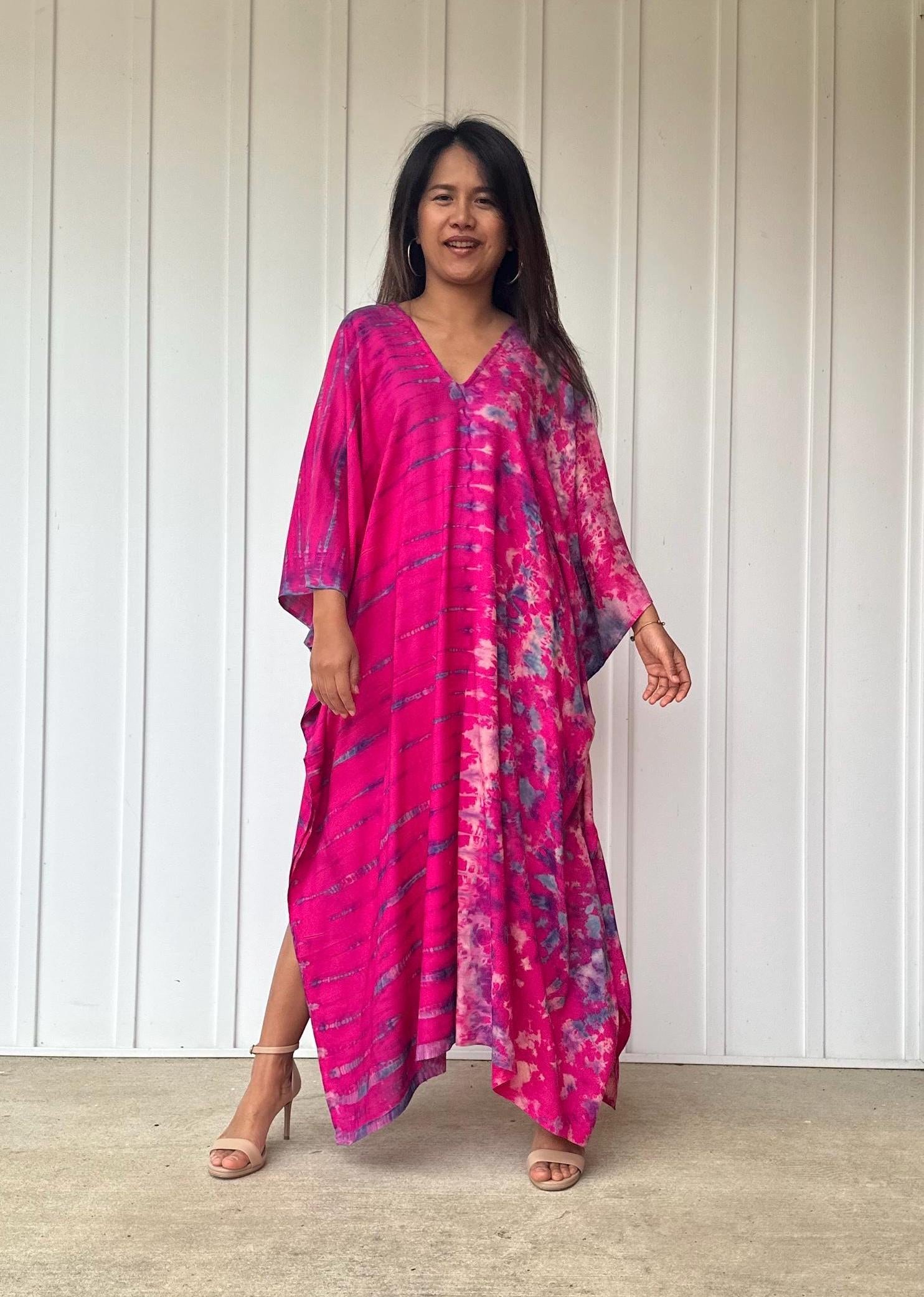 Mala Kaftan in Fuchsia with Purple Tie Dye - Gemini Pattern