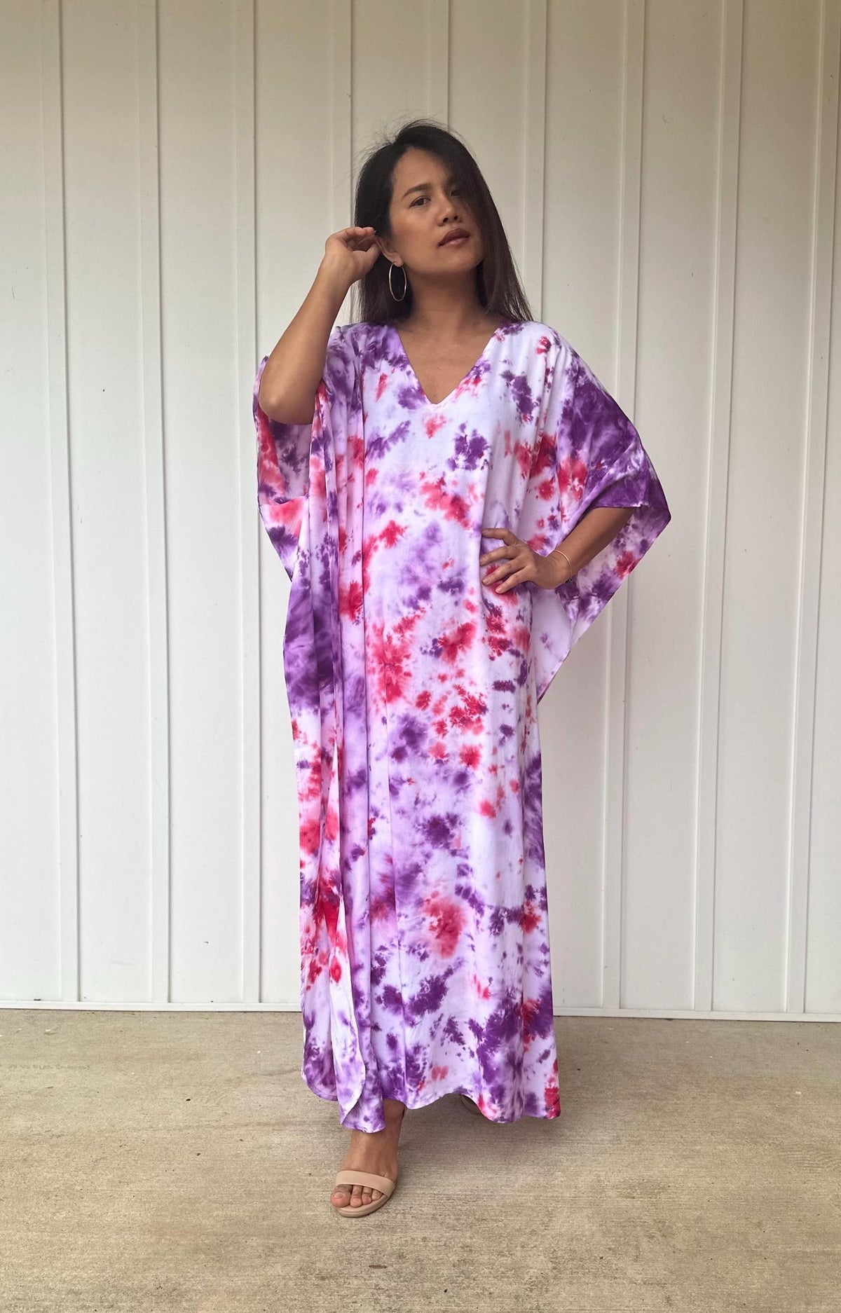Eva Purple, Pink and Rainbow Tie Dye Kaftan front view