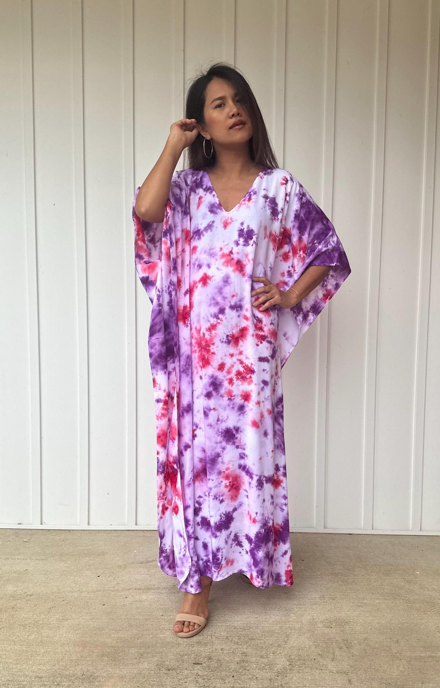 Eva Purple, Pink and Rainbow Tie Dye Kaftan front view