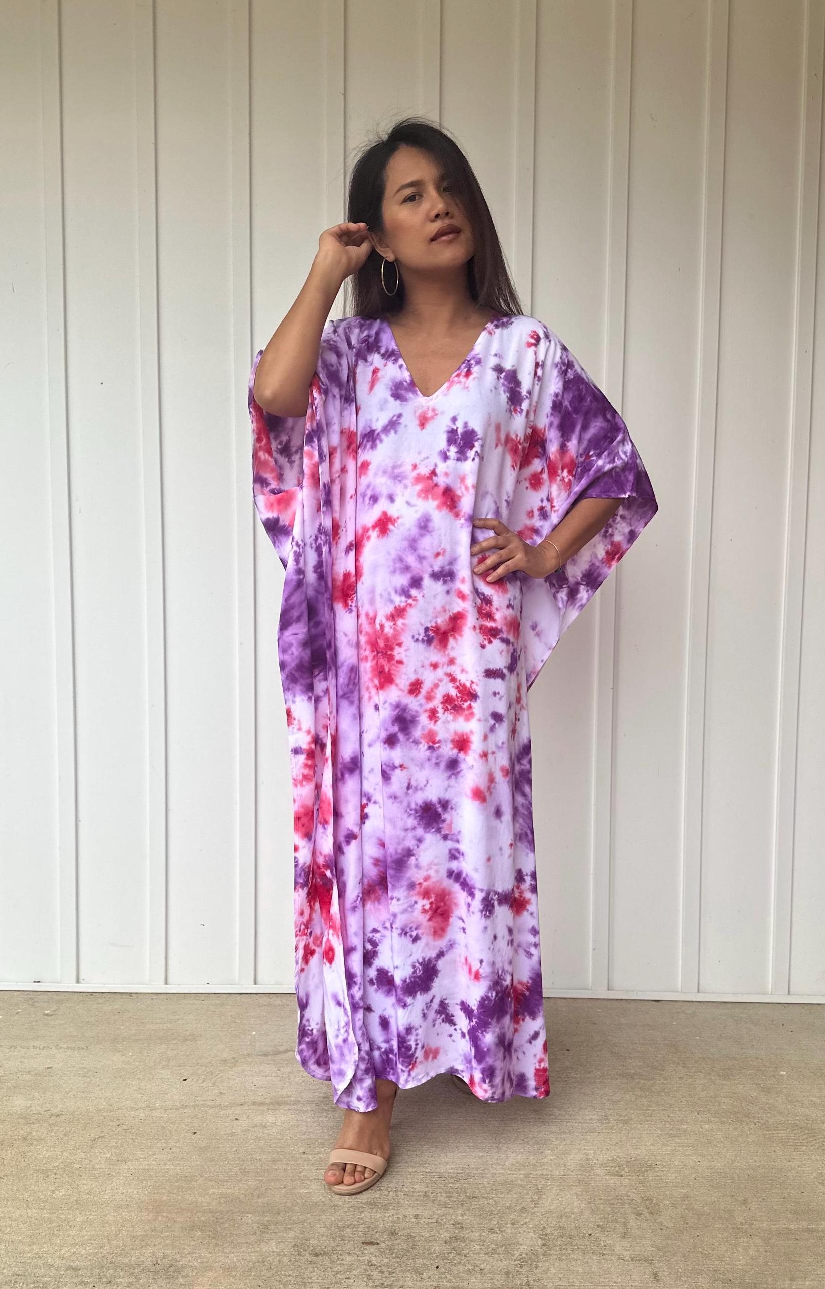 Eva Purple, Pink and Rainbow Tie Dye Kaftan front view