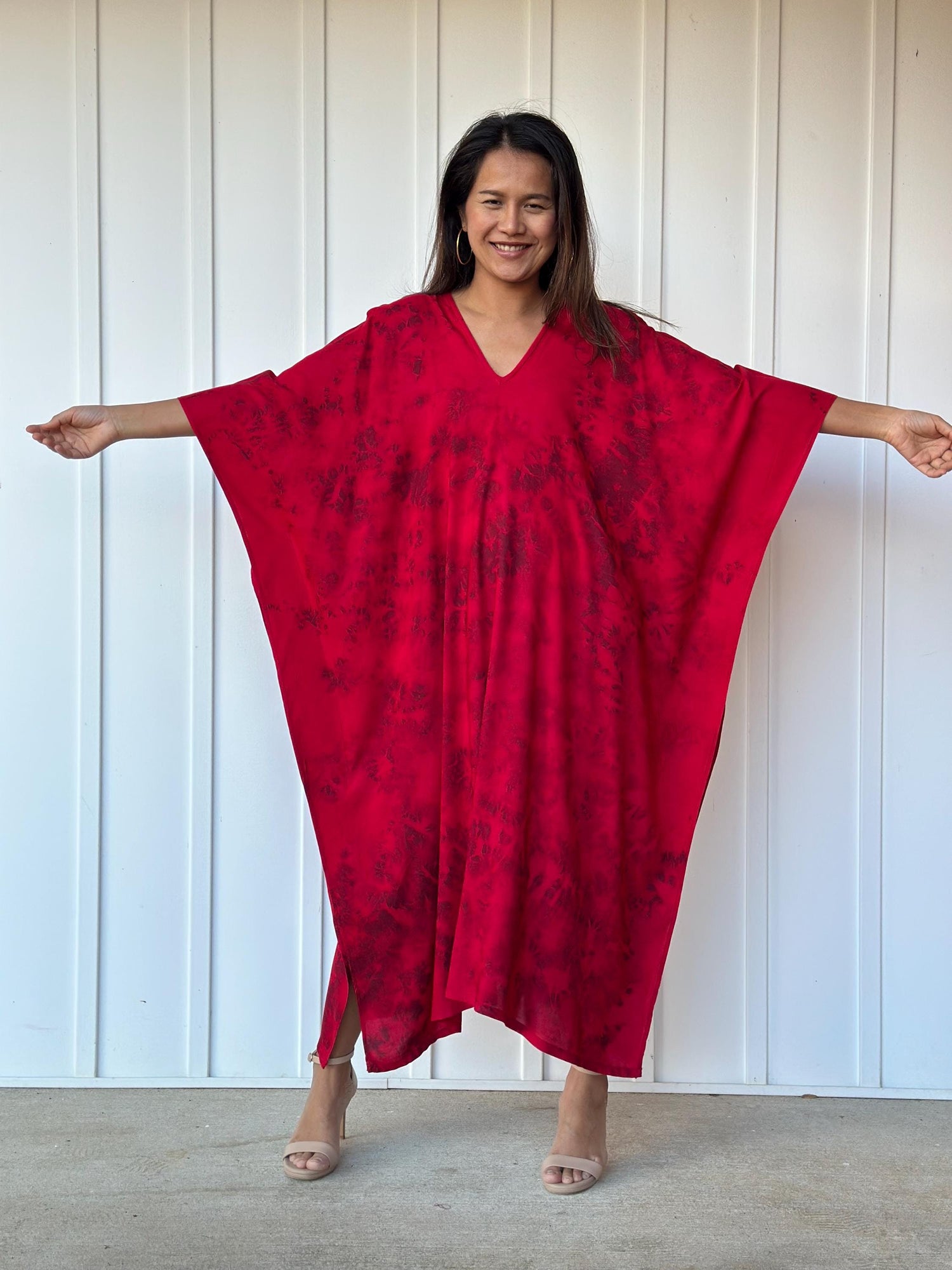 Mala Kaftan in Red and Merlot Tie Dye - Nebula Pattern