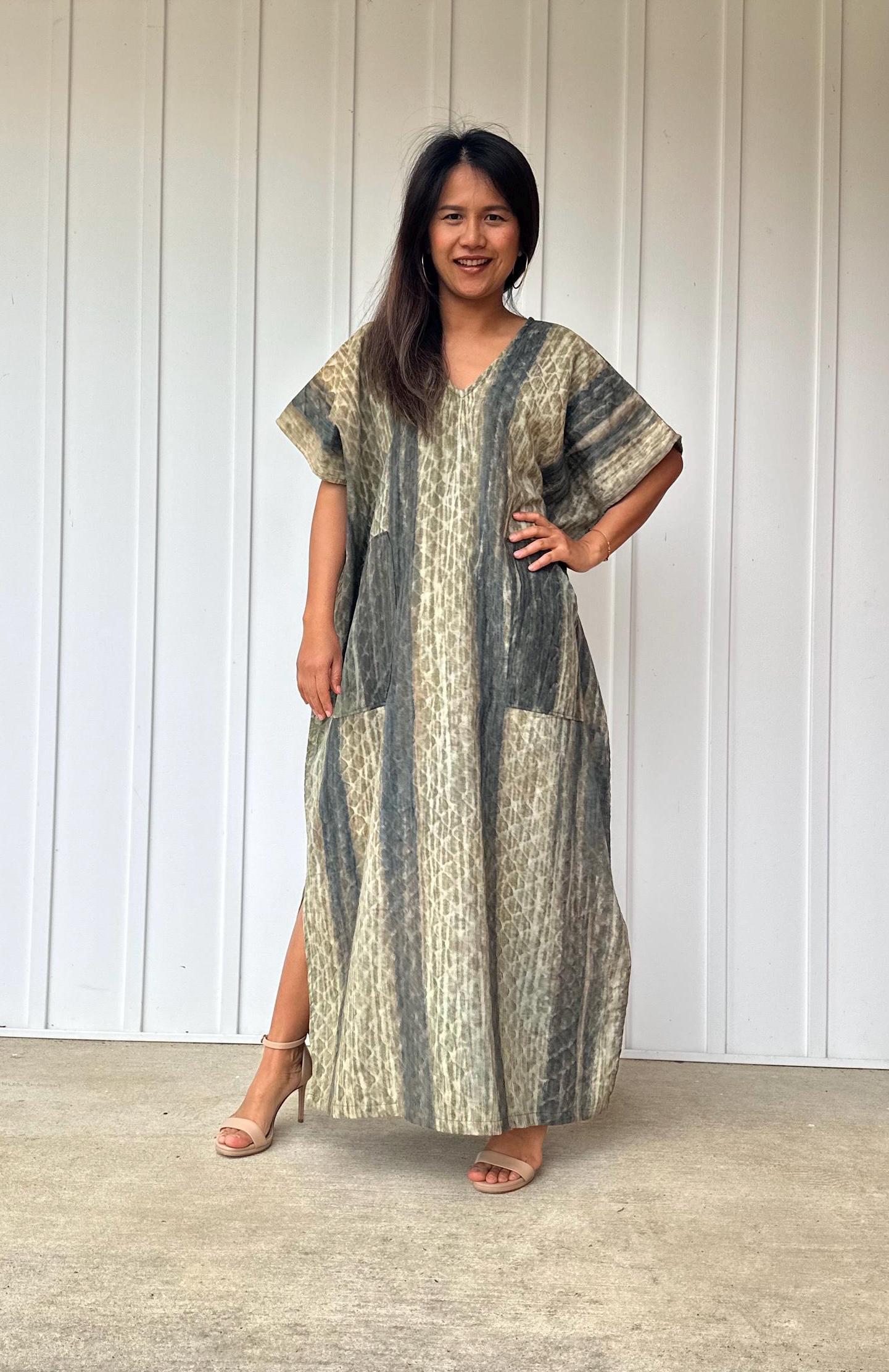 Mala Handworks Daria Hand-Woven Cotton Kaftan in Tan & Gray