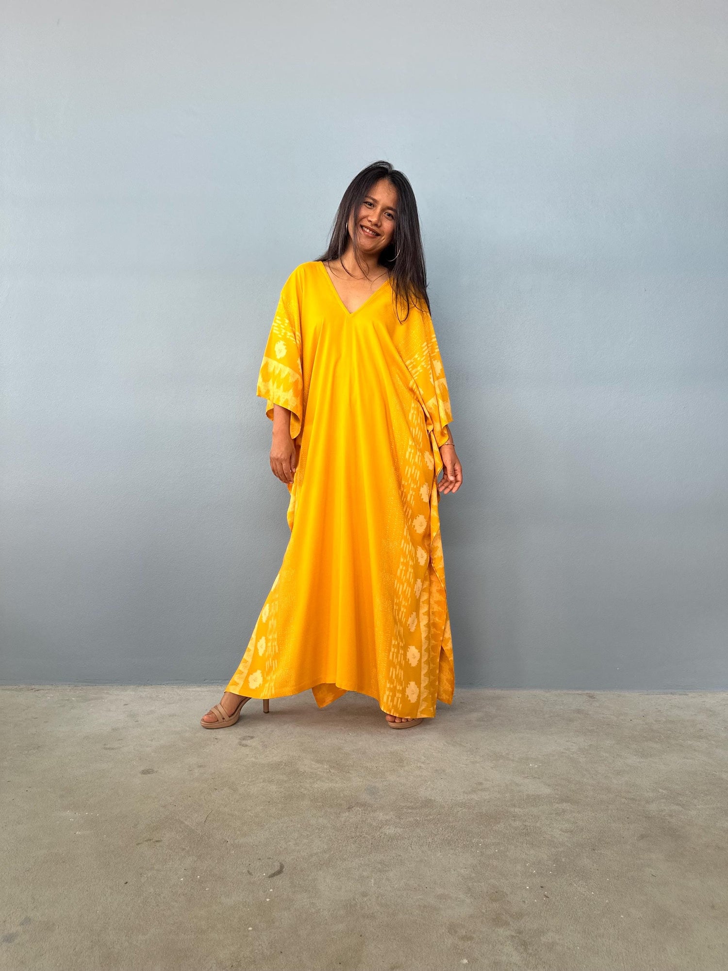 Luna Kaftan in Hand Silkscreened Turmeric Yellow