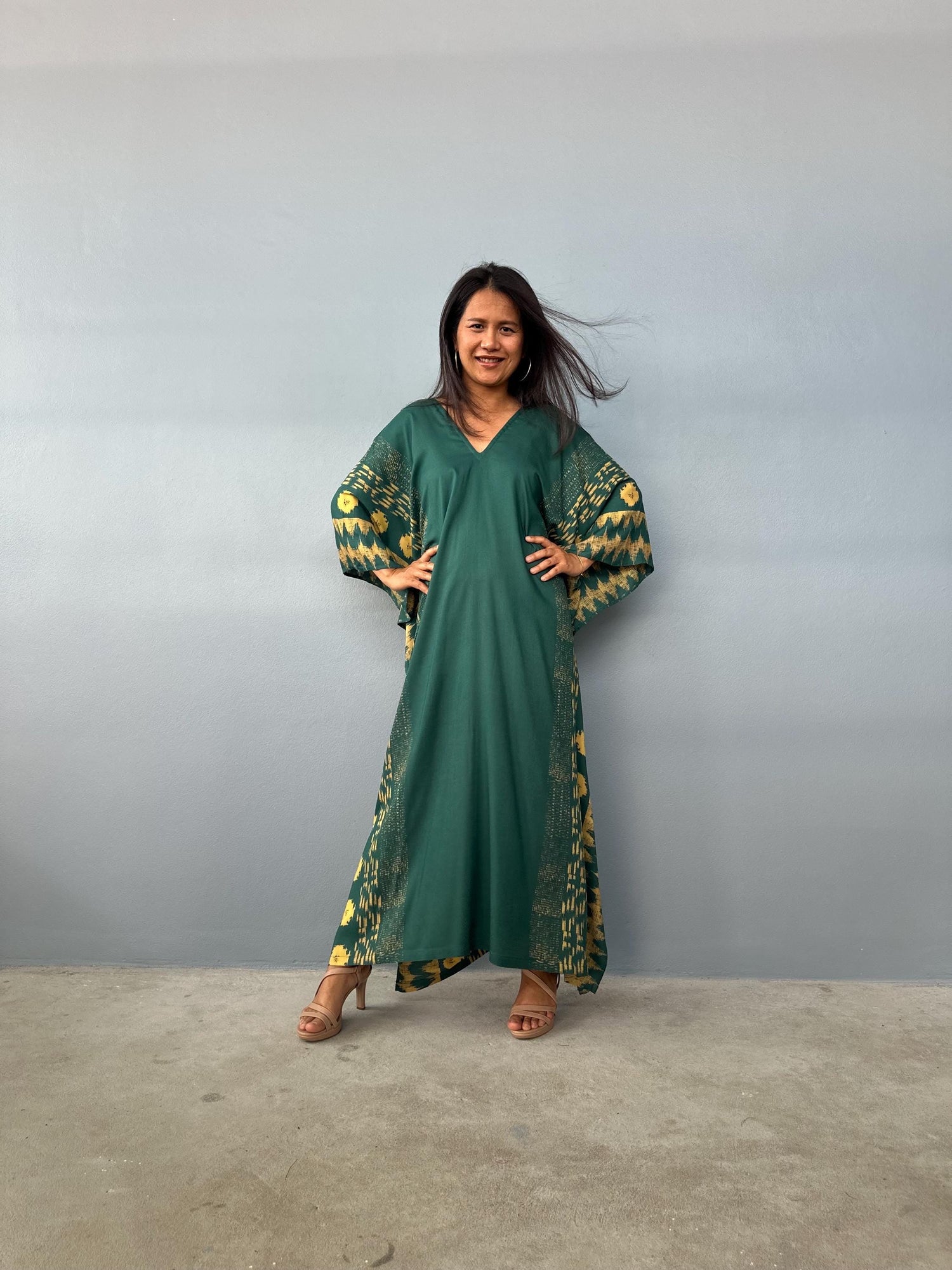 Luna Hand Screen Printed Kaftan in Green