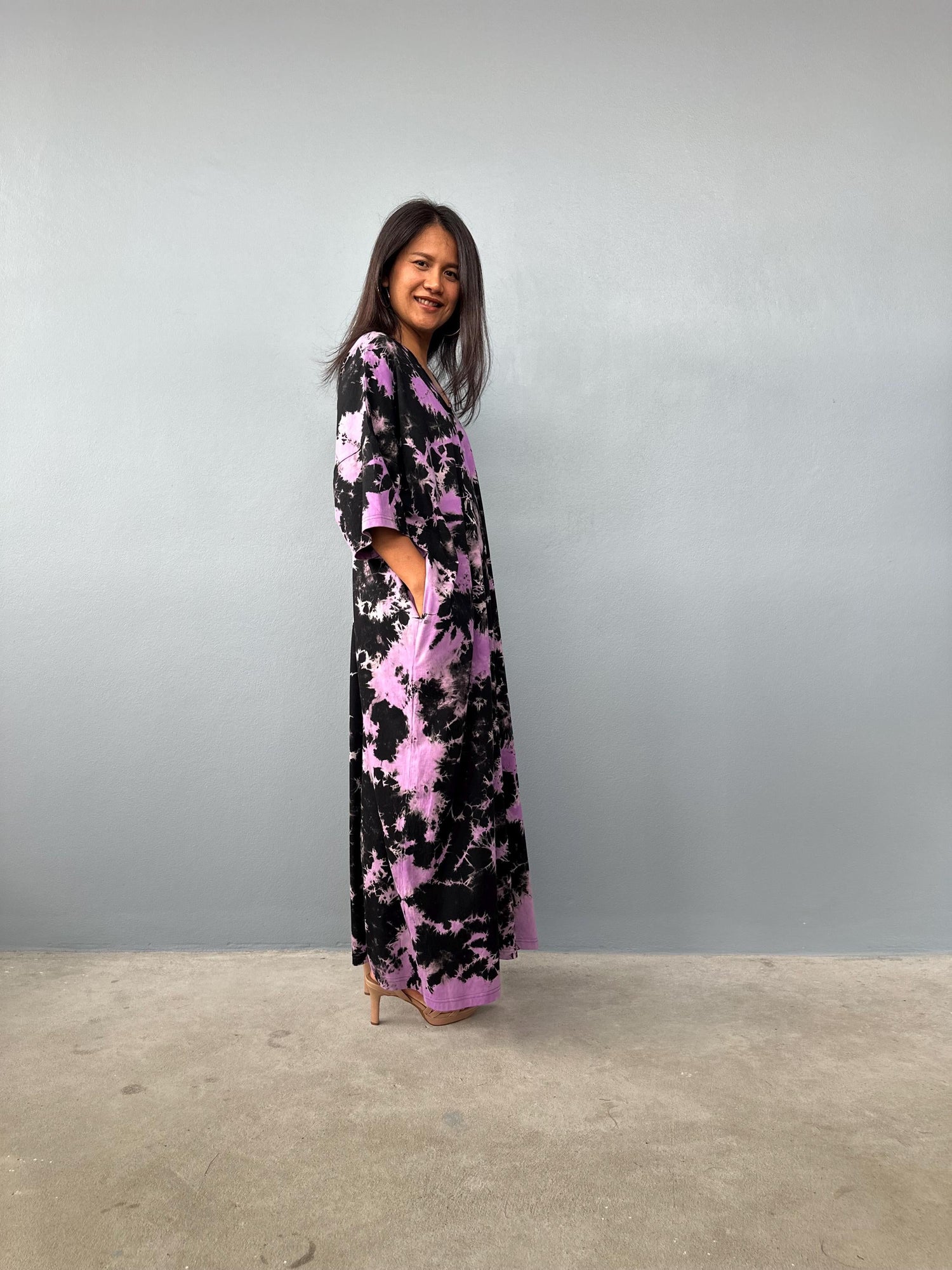 Olivia Cotton Kaftan in Black and Purple Tie Dye