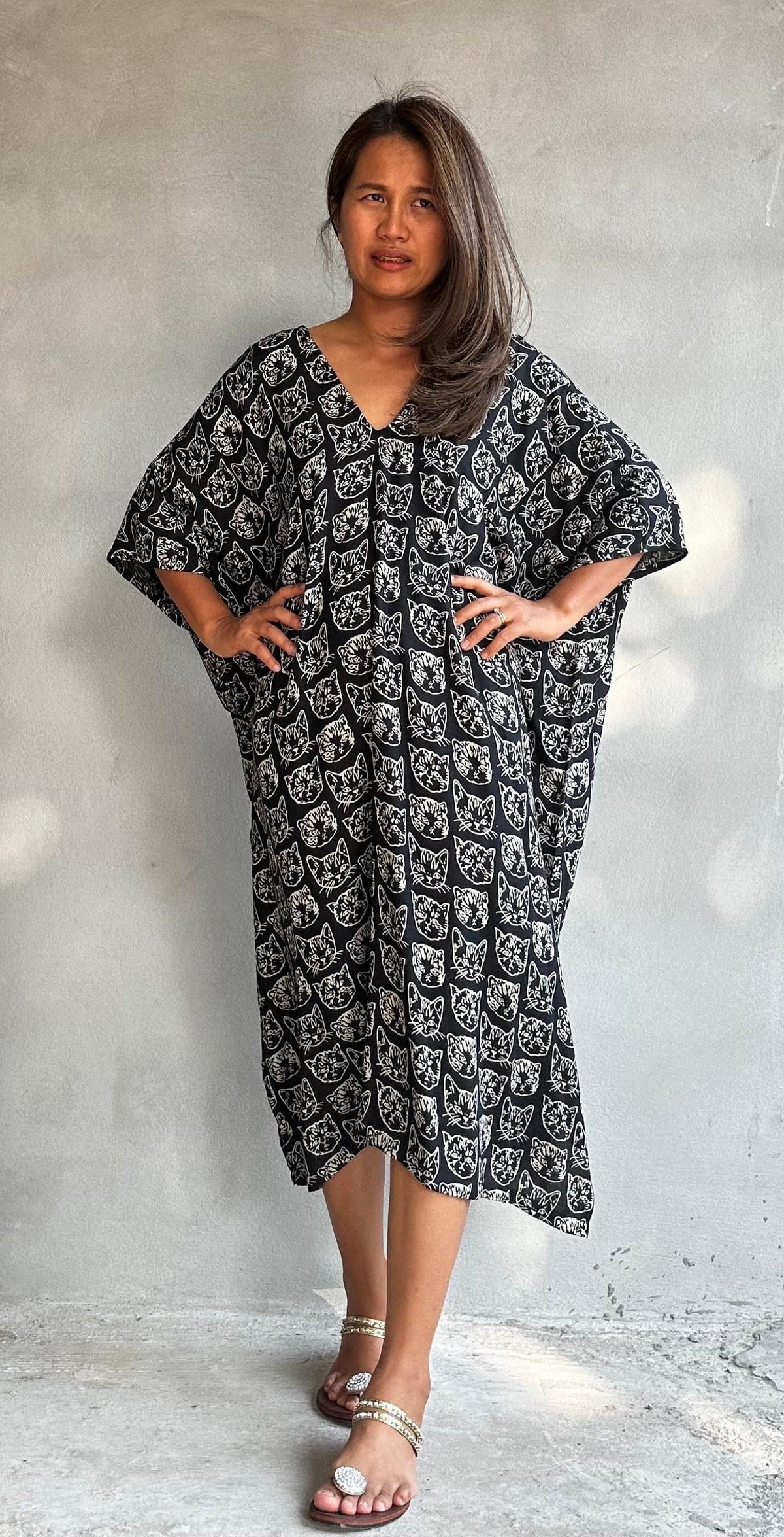 Camila Lucky Cat Kaftan in Black