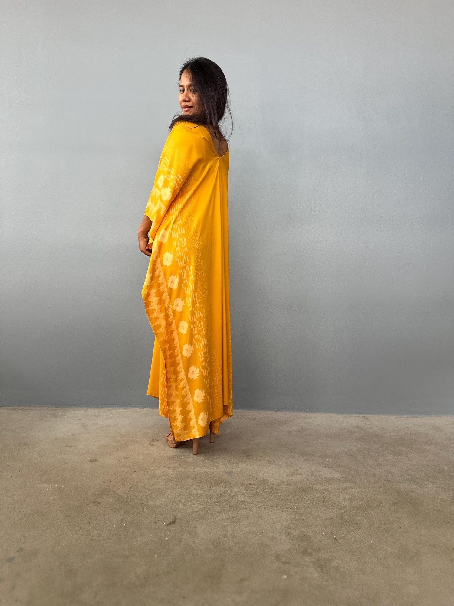 Luna Kaftan in Hand Silkscreened Turmeric Yellow