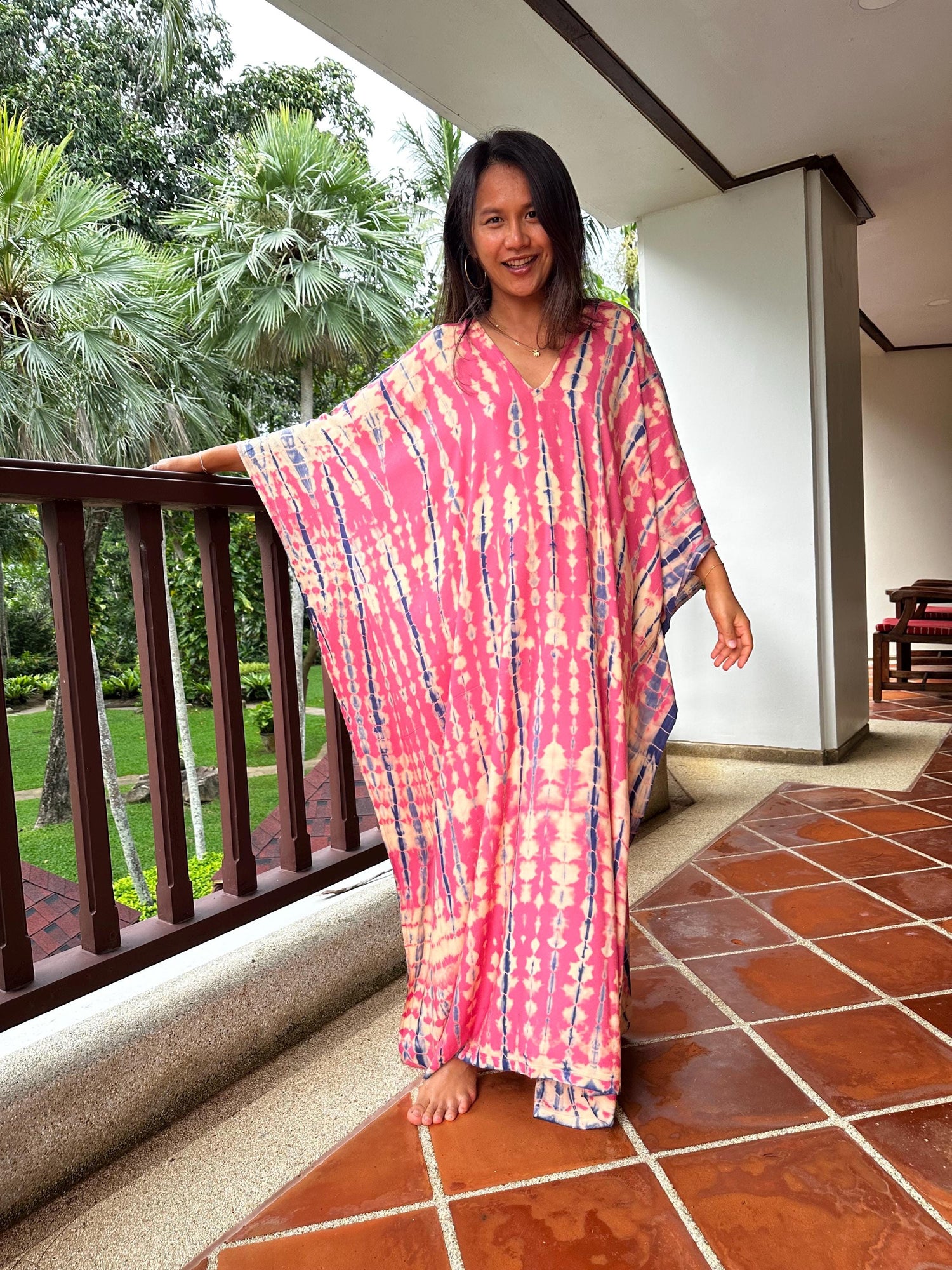 Mala Kaftan in Pink with Blue Tie Dye