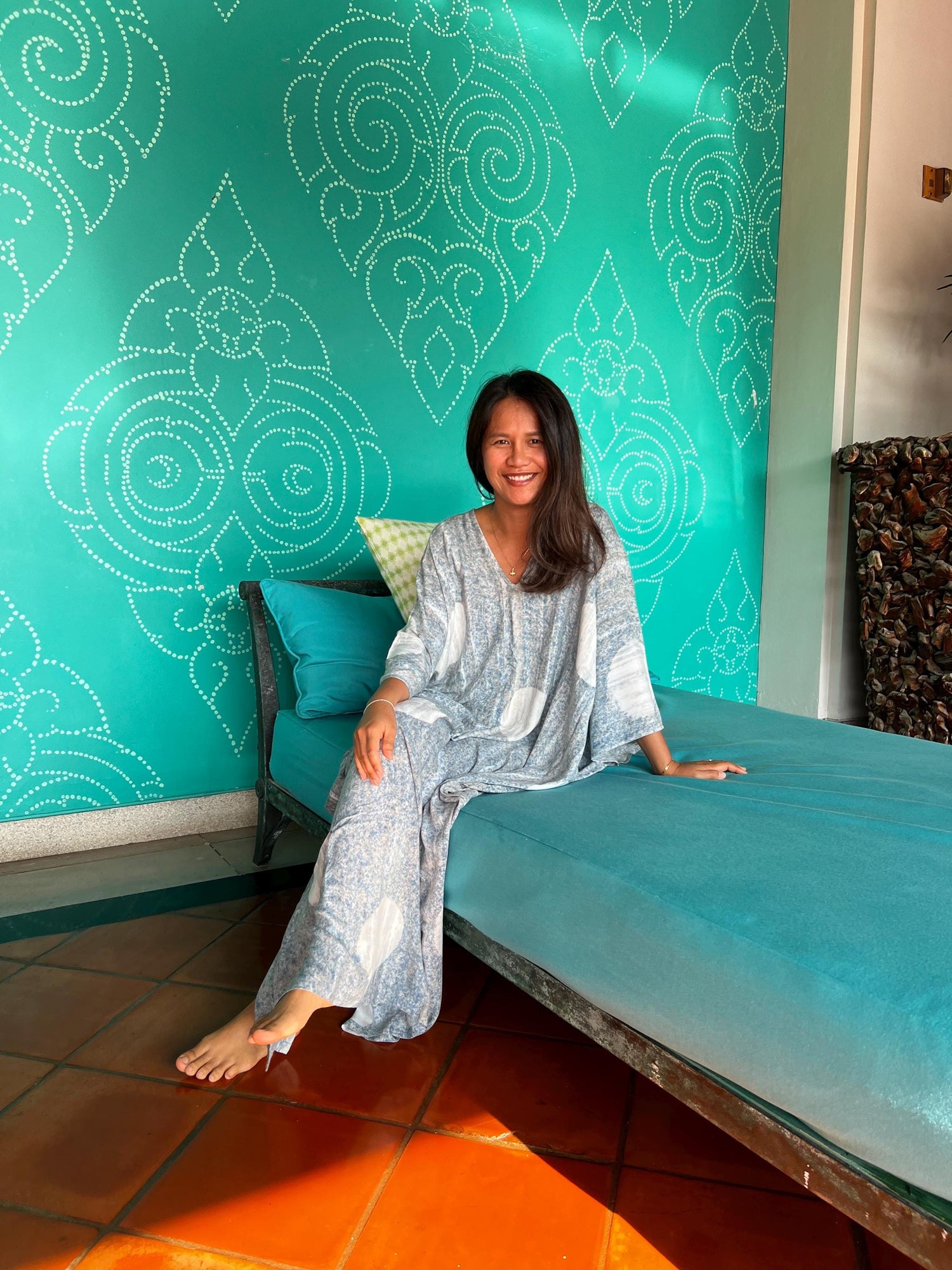 Amina Hand-Painted Kaftan - Mist Polka Dot Pattern