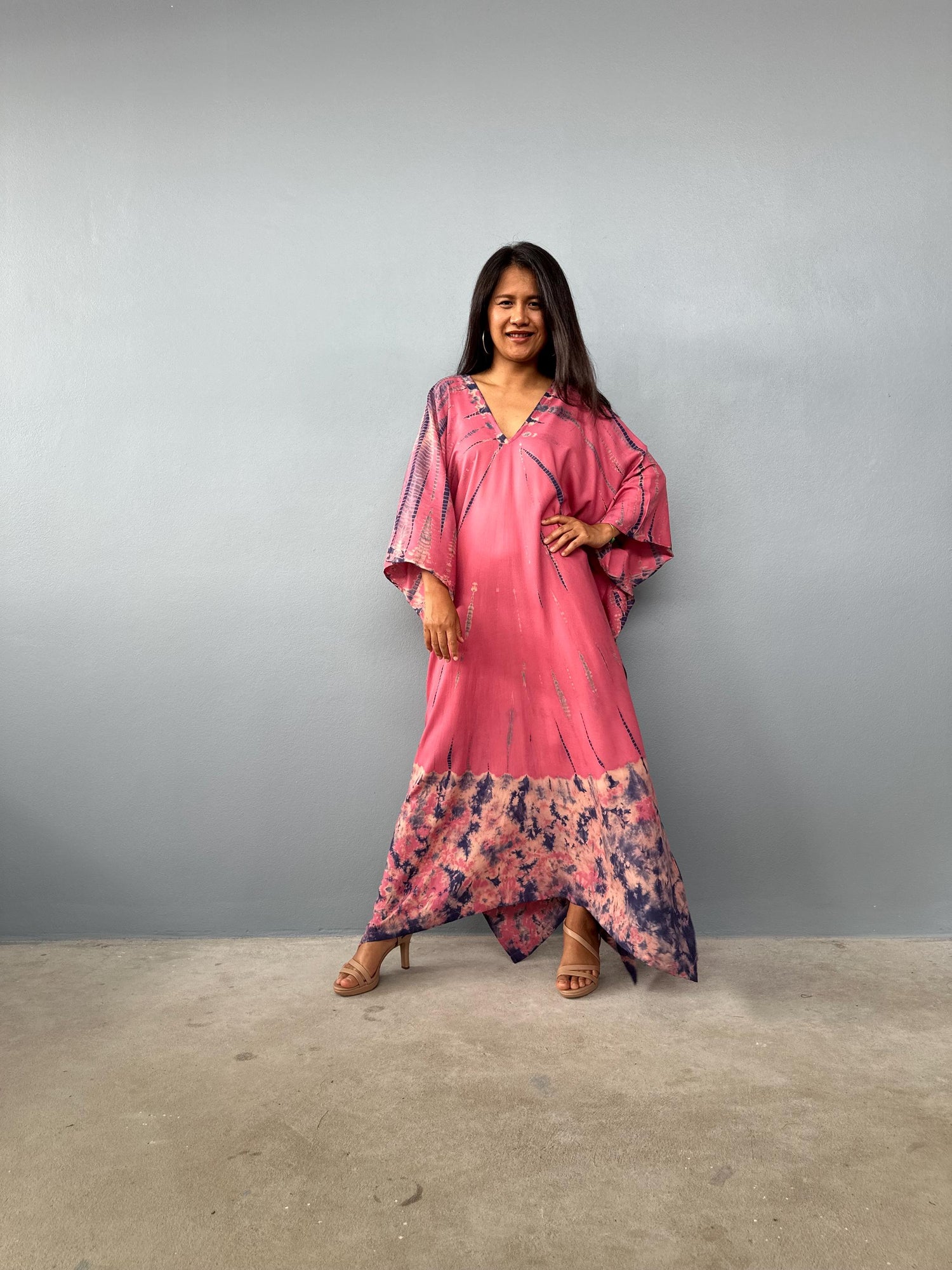 Mala Kaftan in Rose Pink with Black Tie Dye