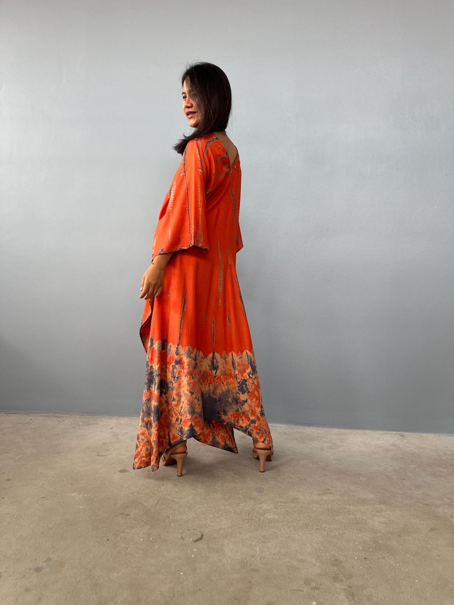 Mala Kaftan in Orange & Black Tie Dye