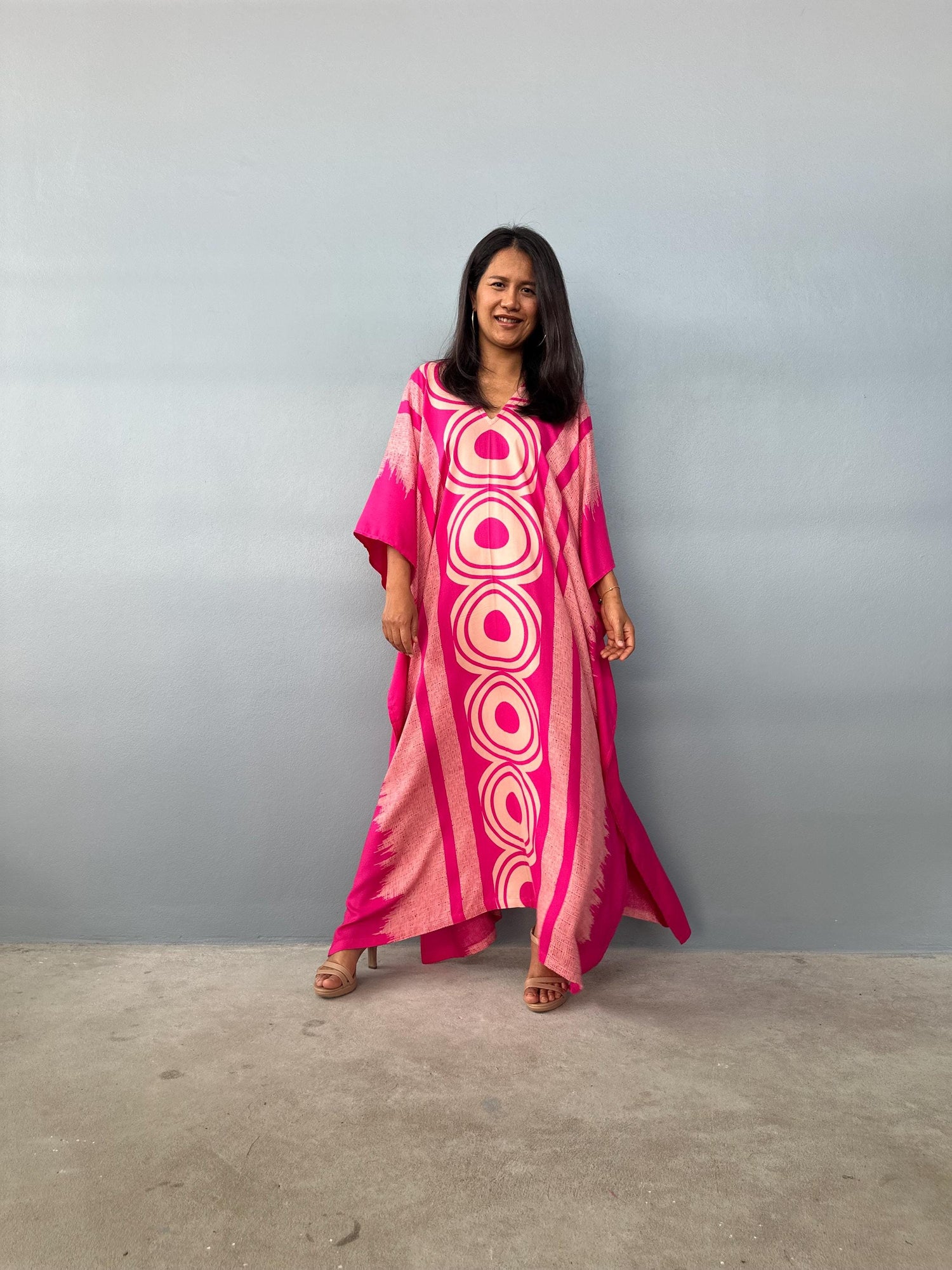 Luna Hand Printscreen Kaftan in Fuschia Echoeye Pattern