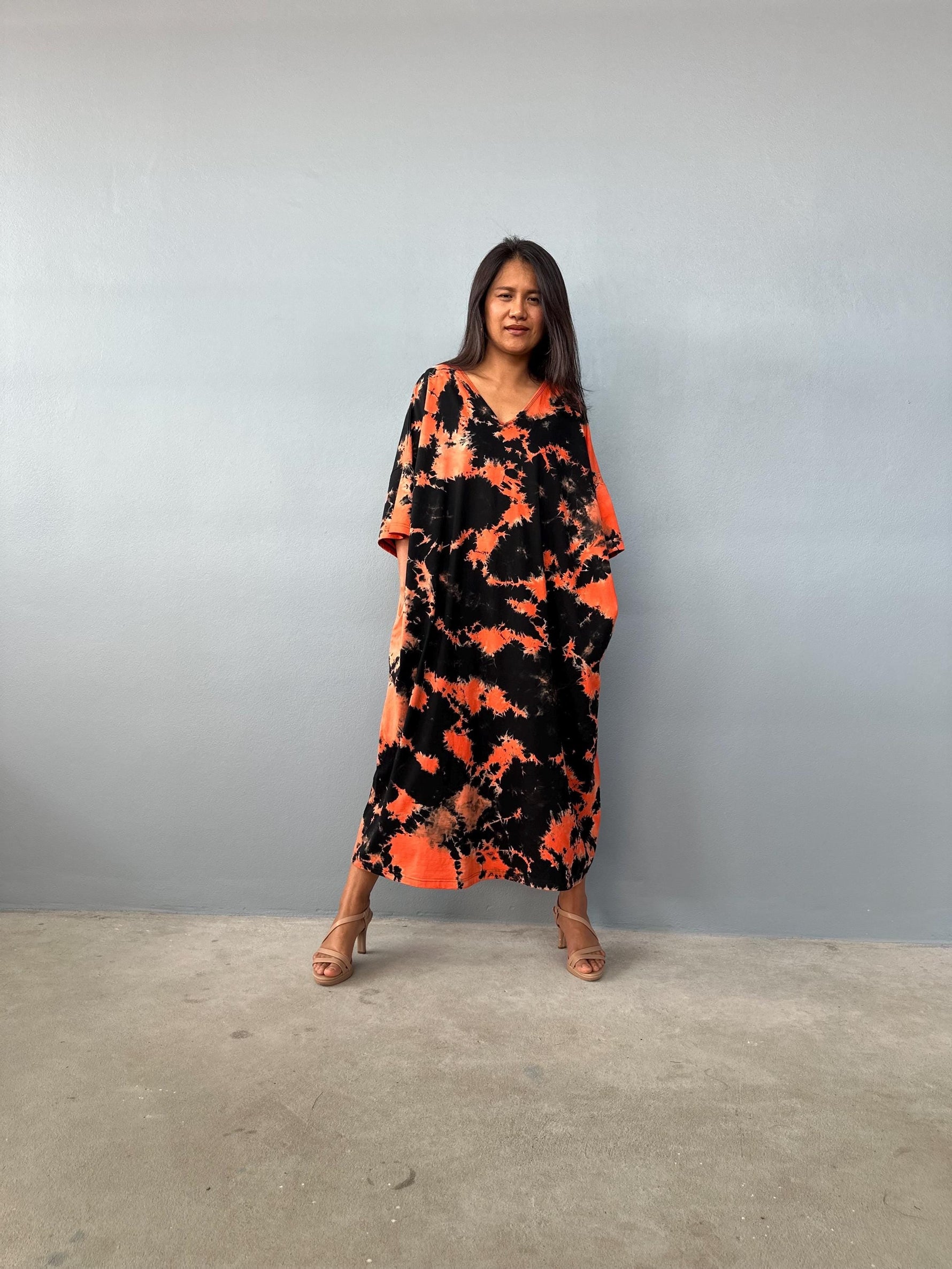 Olivia Black and Tangerine Tie Dye Kaftan front view