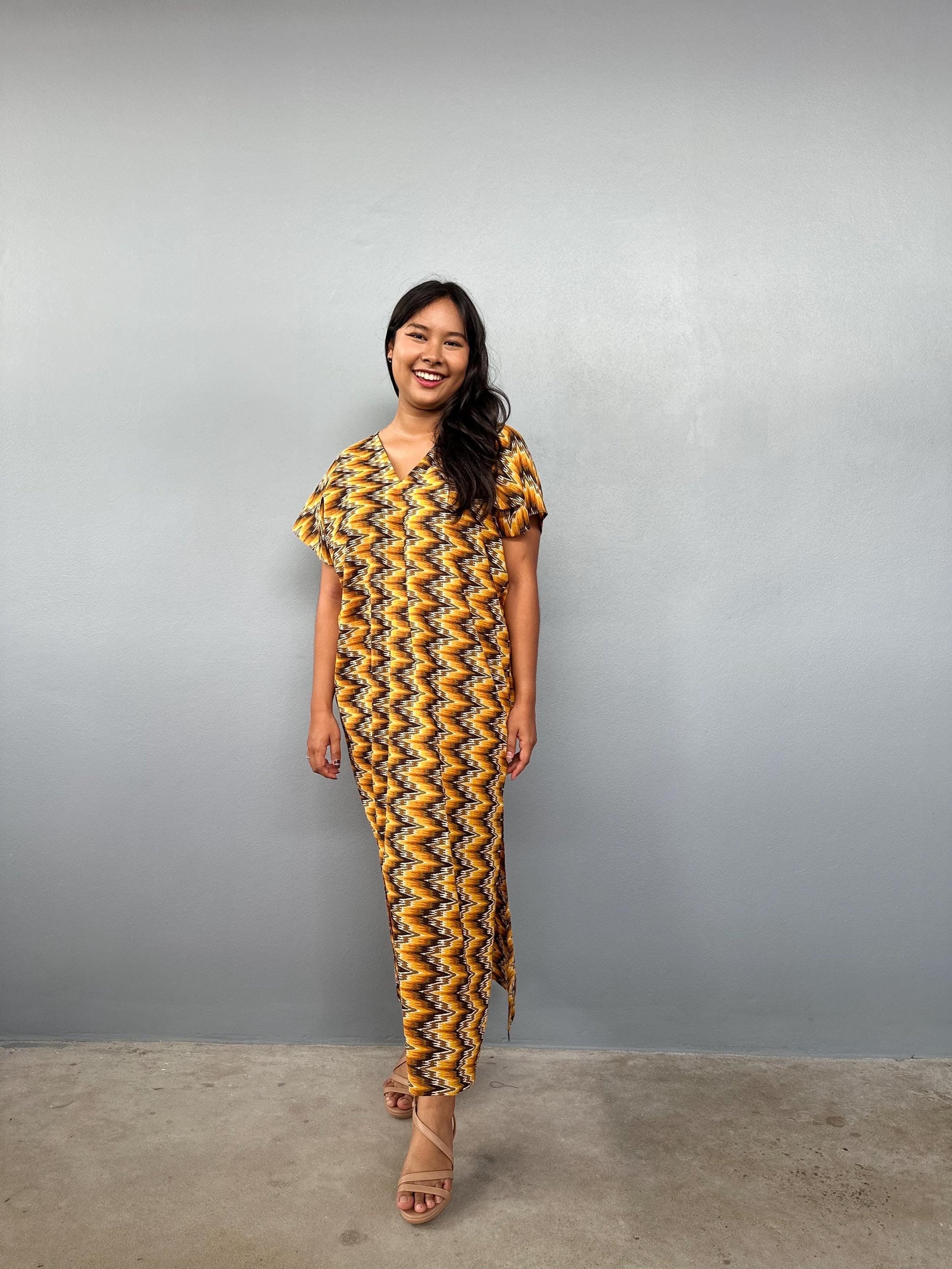 Mala Handworks Callie Petite Cotton Kaftan in Turmeric Chevron