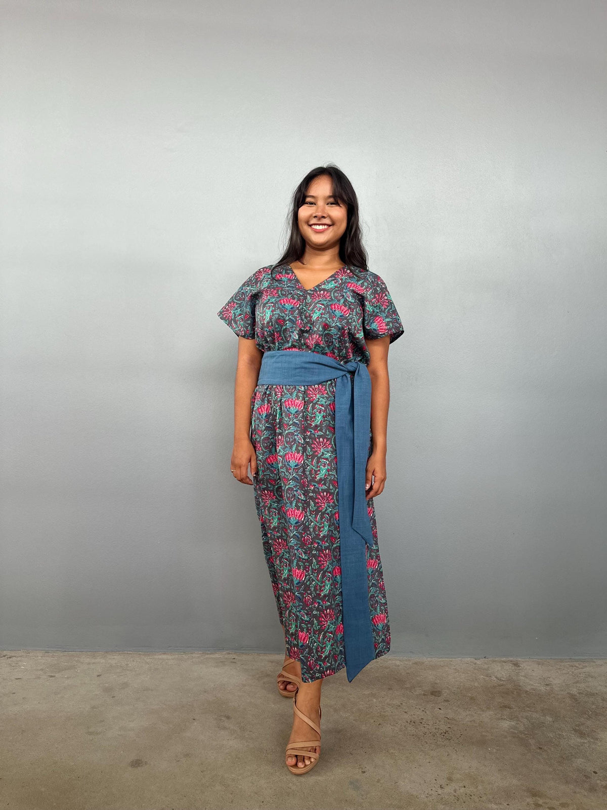 Mala Handworks Callie Petite Cotton Kaftan in Teal Carnation Paisley