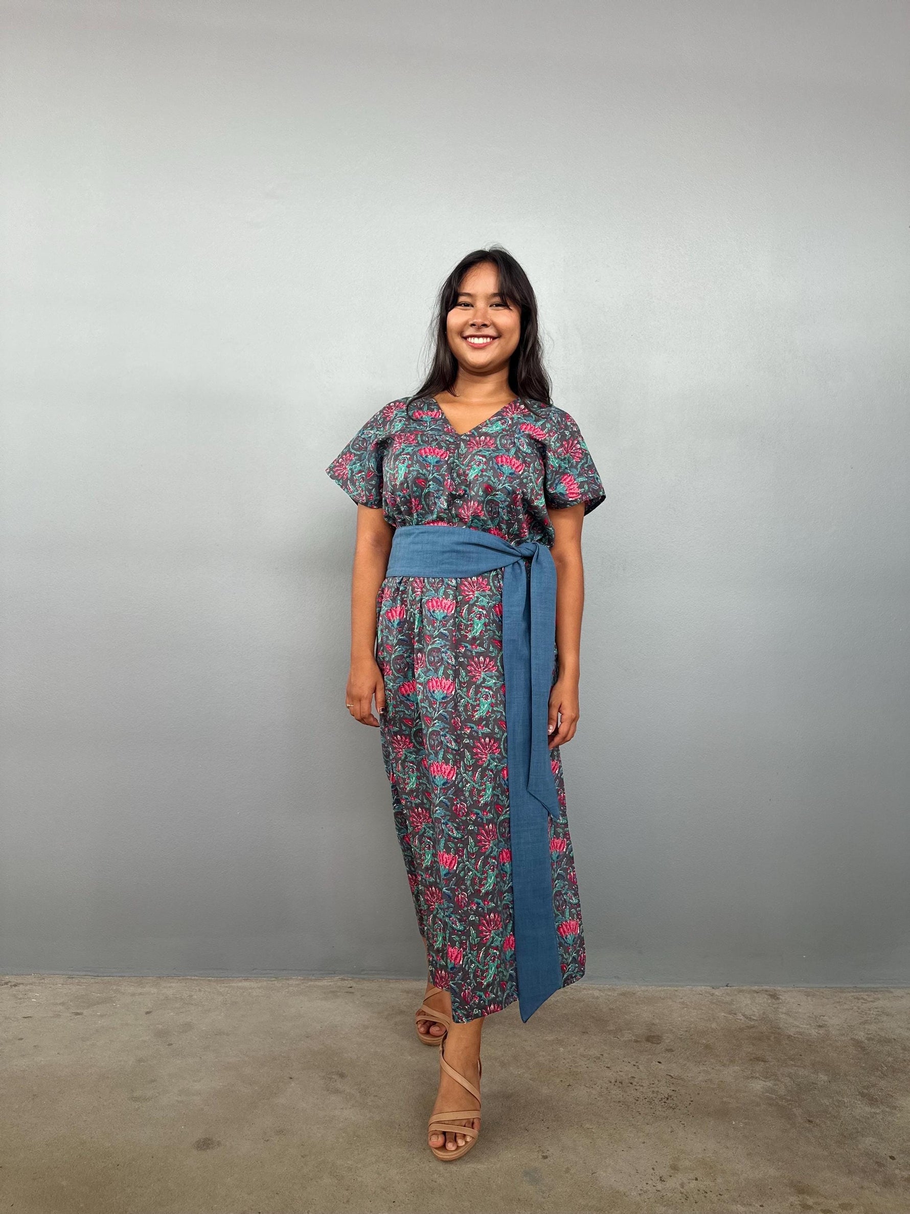 Mala Handworks Callie Petite Cotton Kaftan in Teal Carnation Paisley