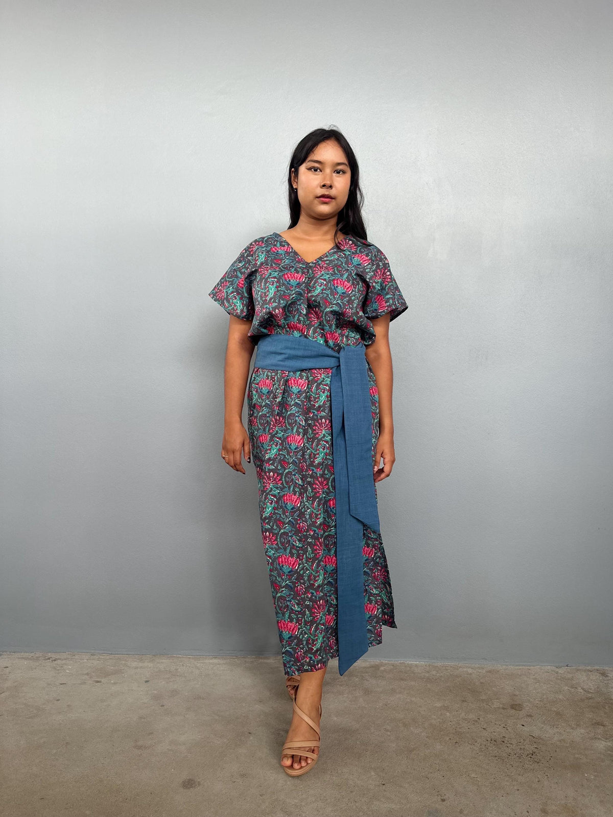Mala Handworks Callie Petite Cotton Kaftan in Teal Carnation Paisley