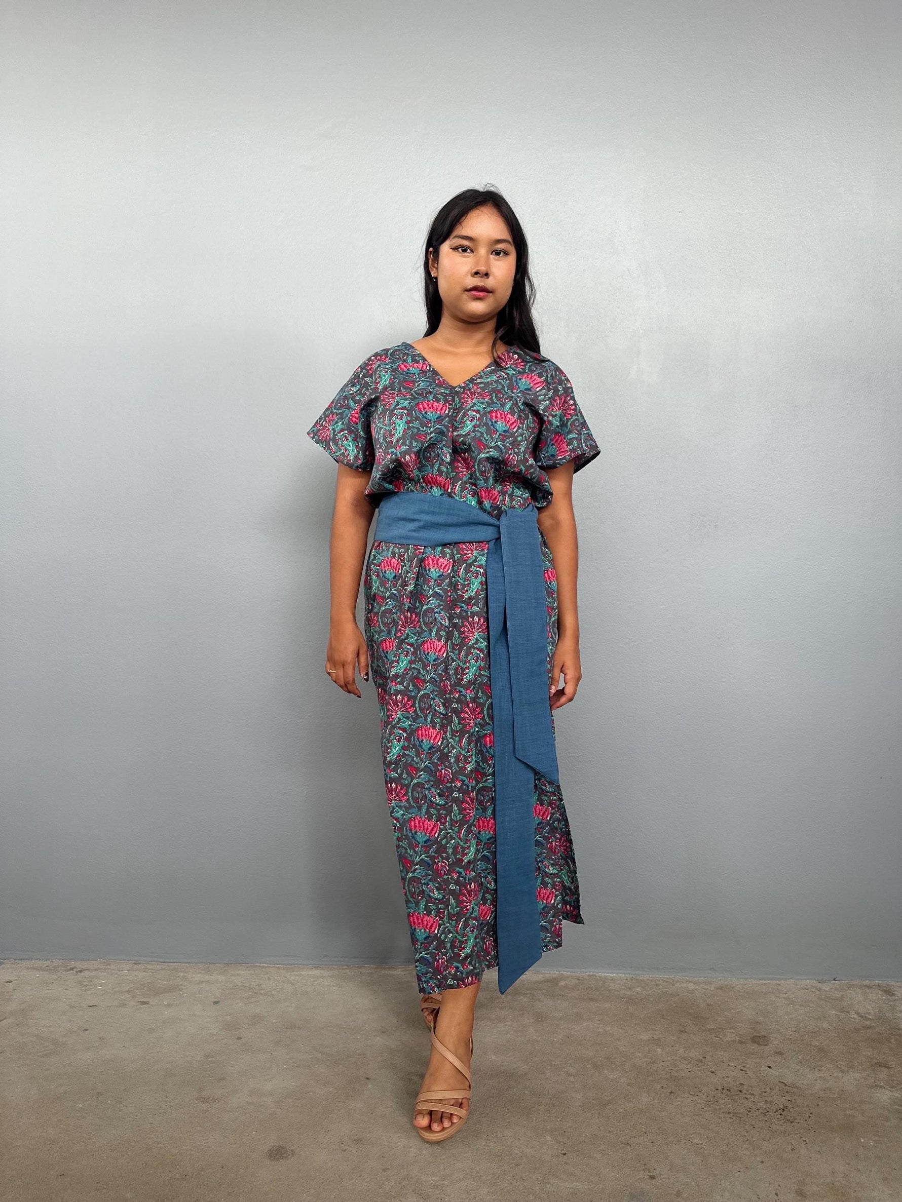 Mala Handworks Callie Petite Cotton Kaftan in Teal Carnation Paisley