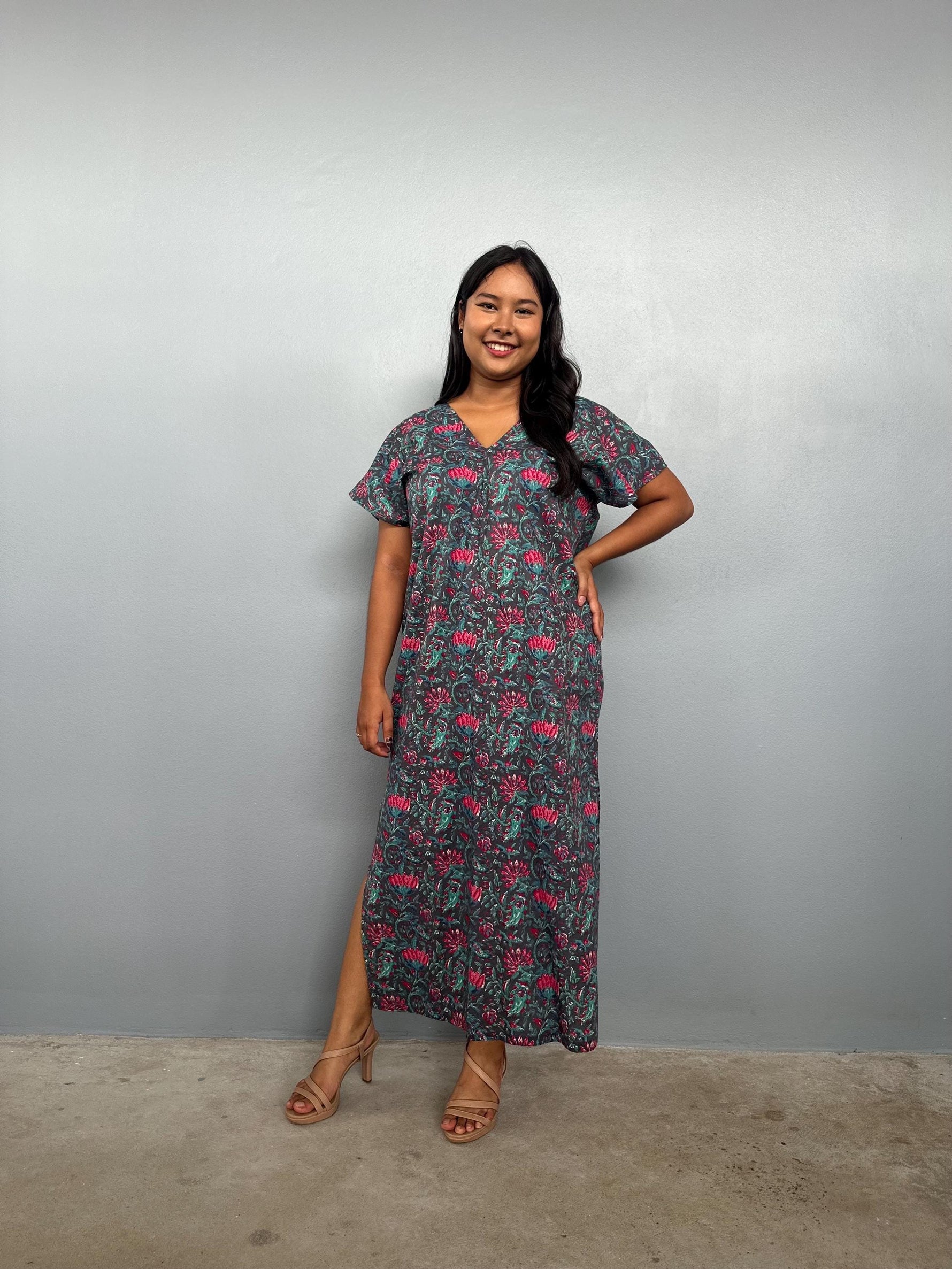Mala Handworks Callie Petite Cotton Kaftan in Teal Carnation Paisley