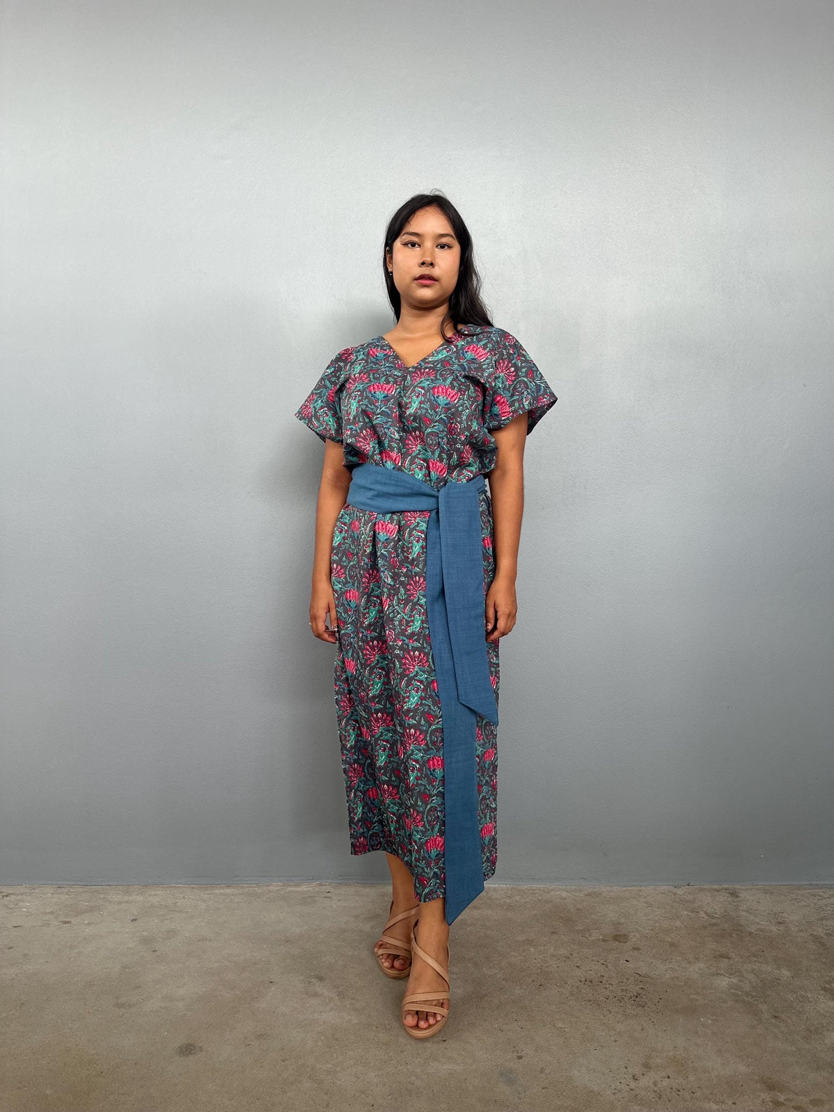 Mala Handworks Callie Petite Cotton Kaftan in Teal Carnation Paisley