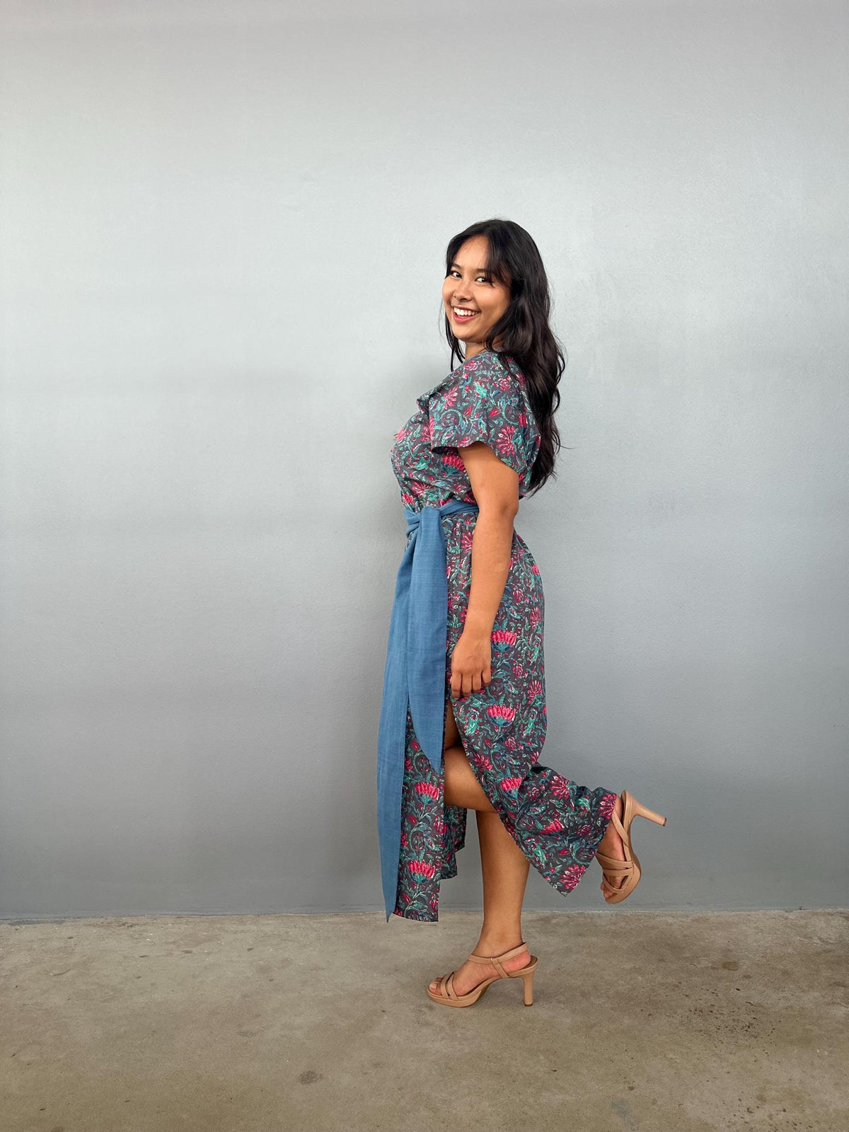 Mala Handworks Callie Petite Cotton Kaftan in Teal Carnation Paisley