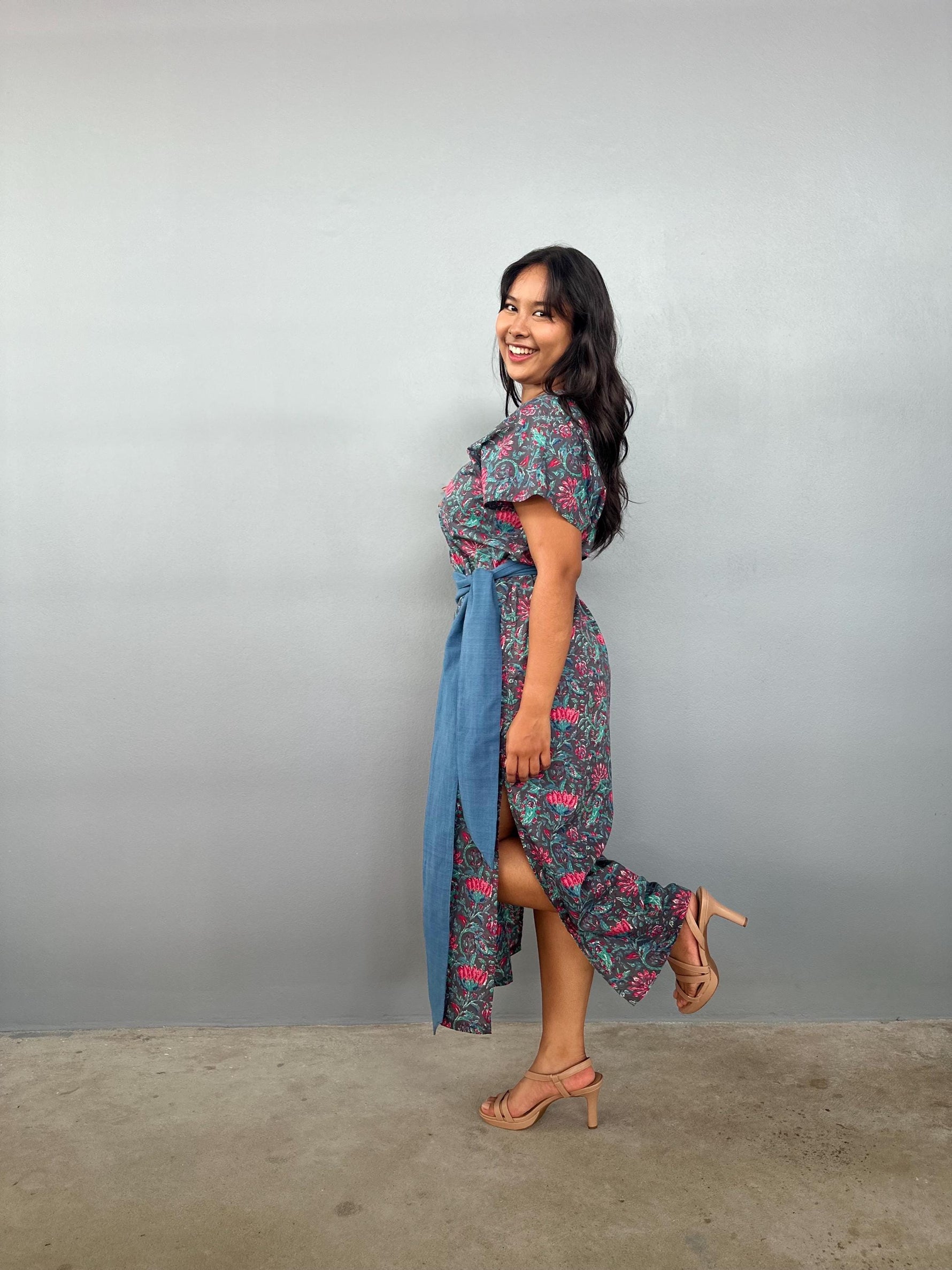 Mala Handworks Callie Petite Cotton Kaftan in Teal Carnation Paisley