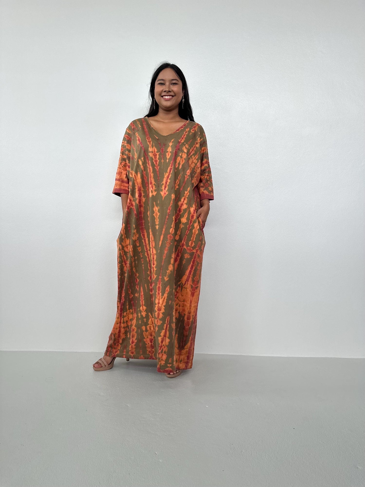Olivia Cotton Kaftan in Olive and Bronze Tie Dye