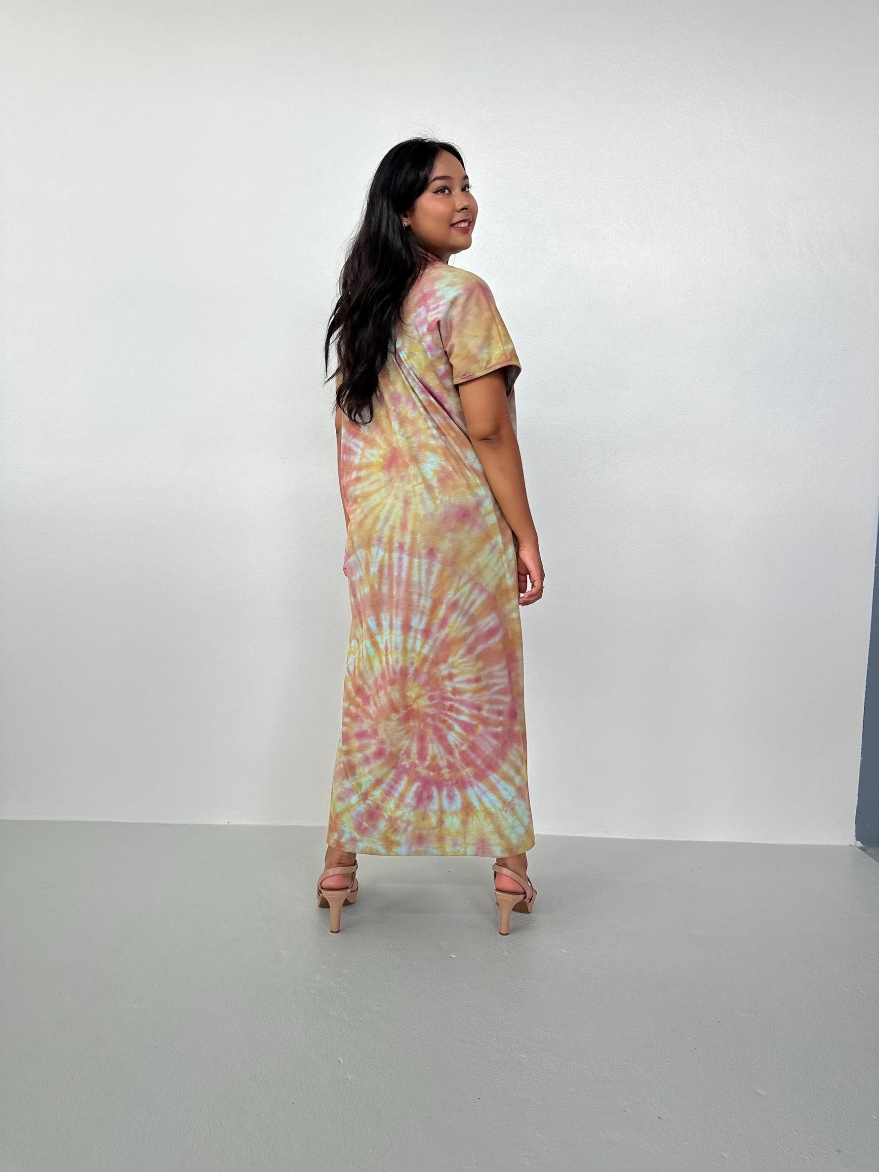 Mala Handworks Alisa Petite Cotton Kaftan in Lilac, Mango & Orange Tie Dye