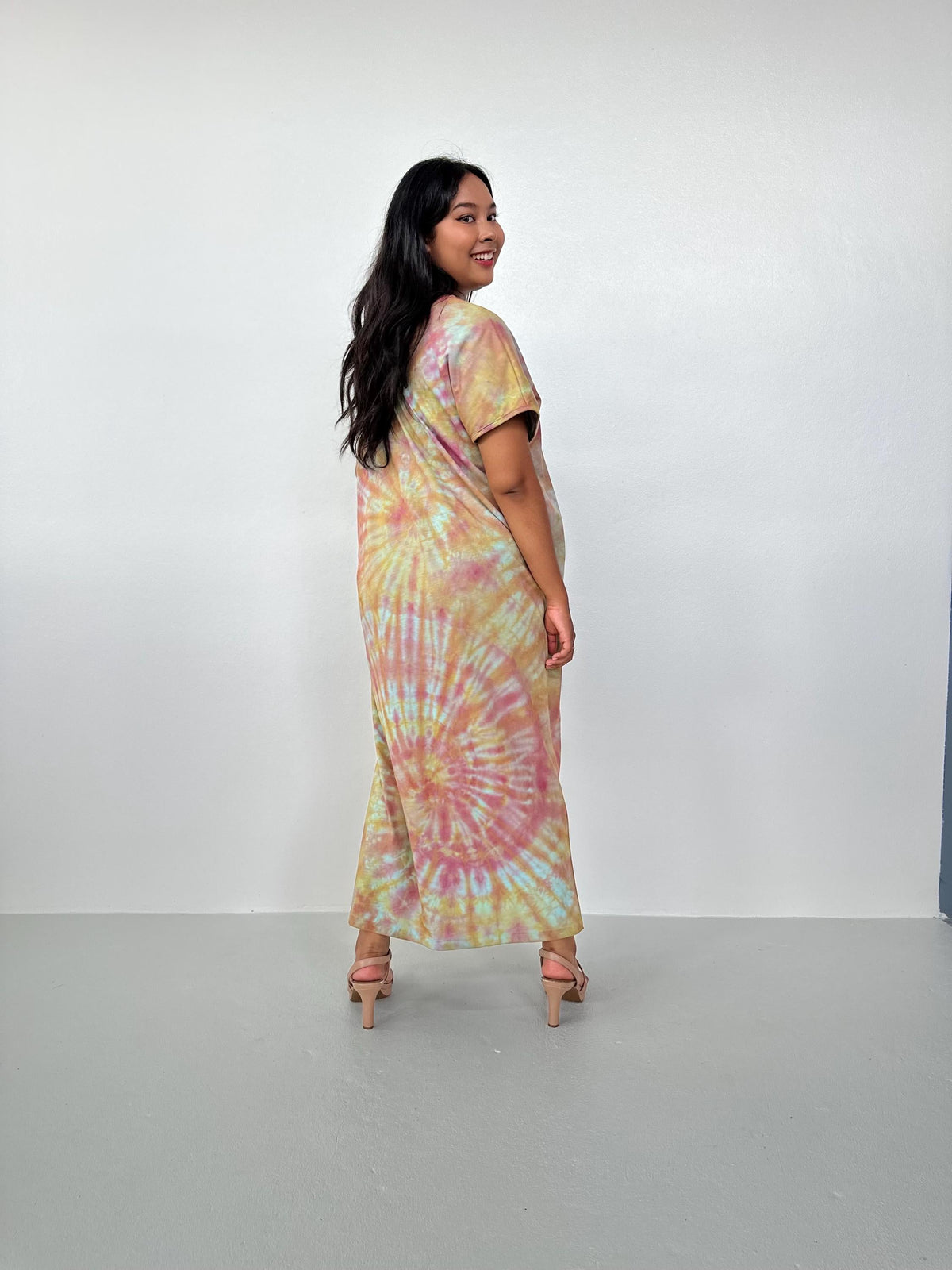 Mala Handworks Alisa Petite Cotton Kaftan in Lilac, Mango & Orange Tie Dye