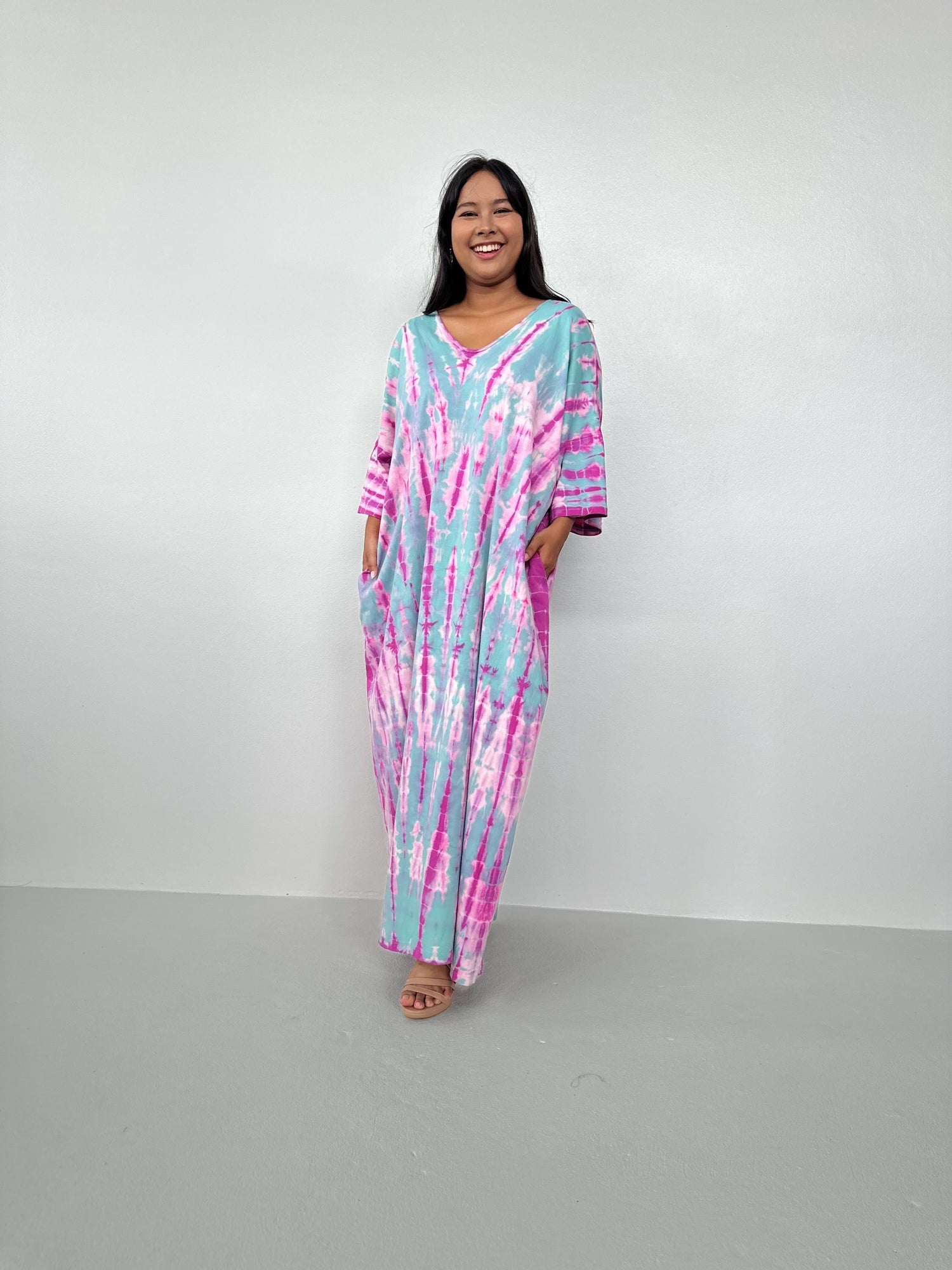 Olivia Cotton Kaftan in Aqua and Bubblegum Tie Dye