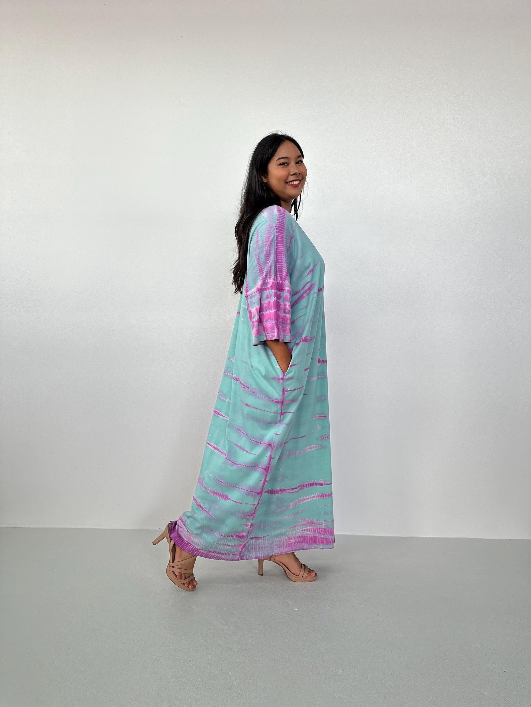 Olivia Aqua and Fuchsia Tie Dye Kaftan front view