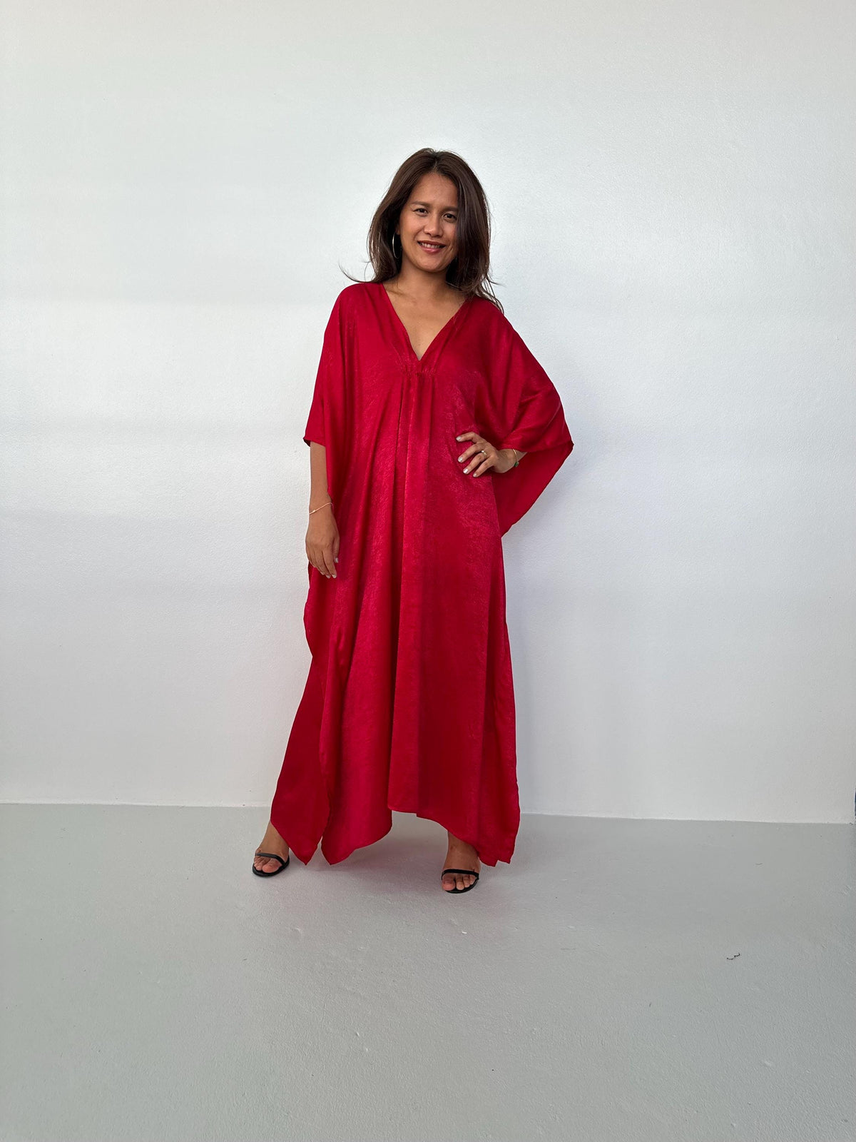 Mala Handworks Lyla Satin Crepe Kaftan in Cherry