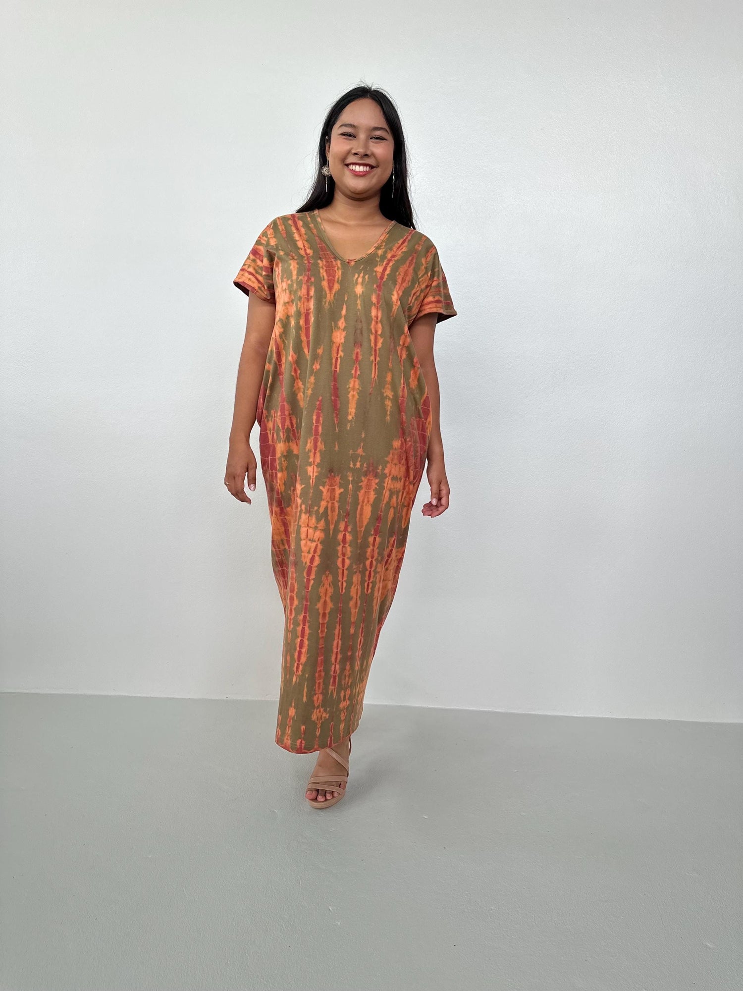 Alisa Petite Cotton Kaftan in Olive and Orange Tie Dye