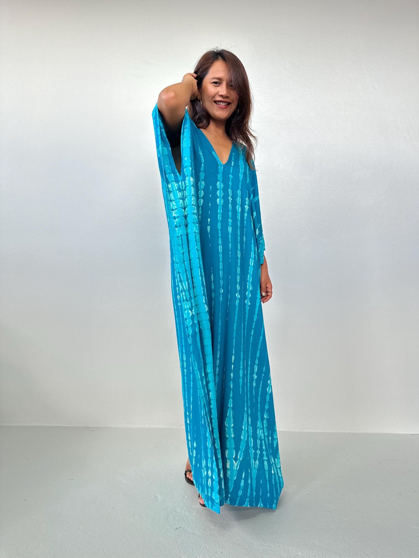 Mala Kaftan in Teal Aqua Blue with off White Tie Dye