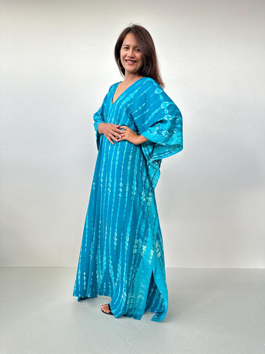 Mala Kaftan in Teal Aqua Blue and off White Tie Dye