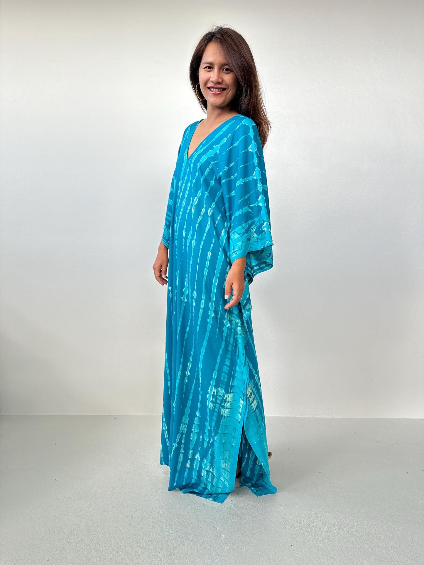 Mala Kaftan in Teal Aqua Blue with off White Tie Dye