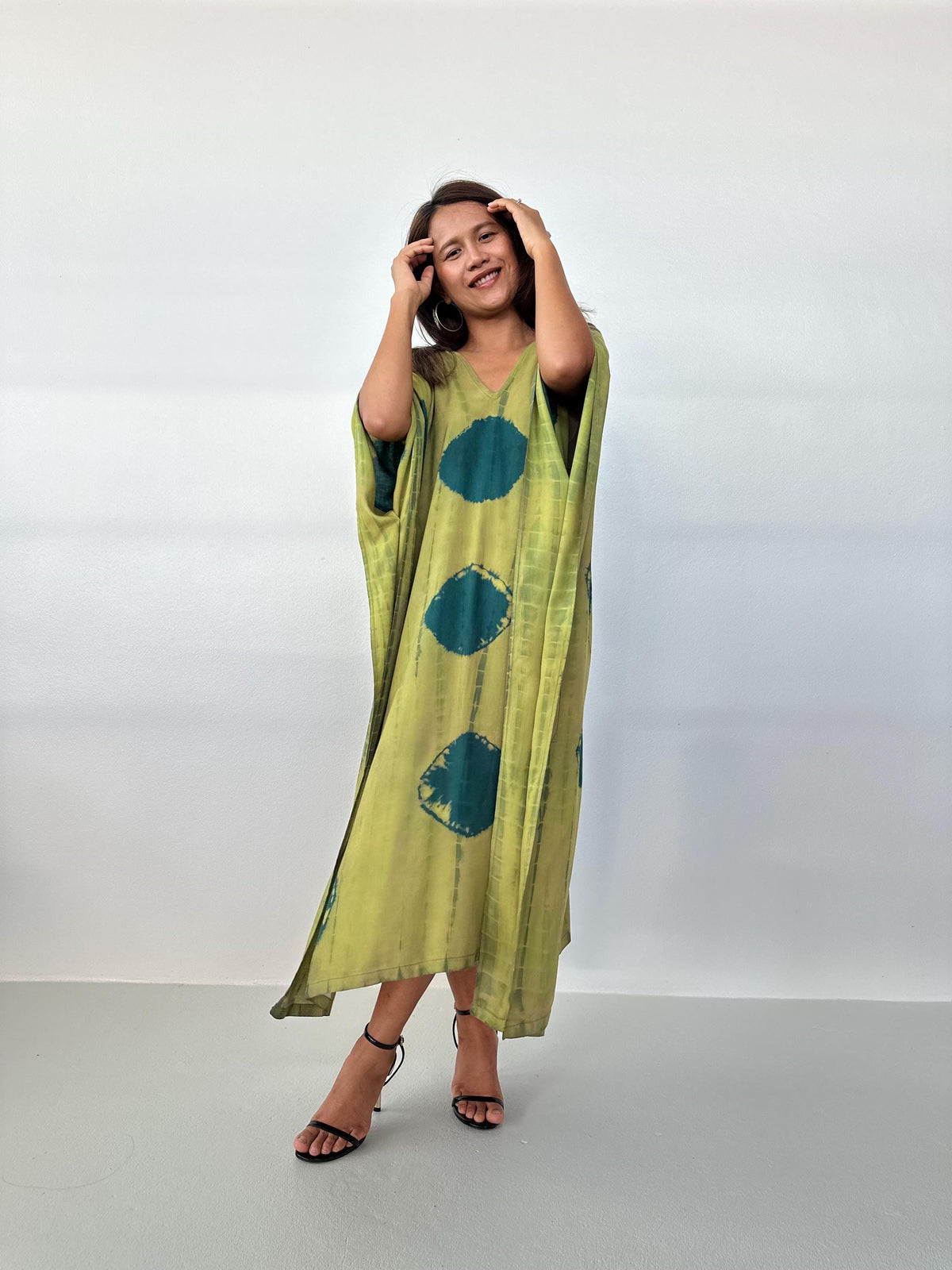 Mala Handworks Mala Kaftan in Lime & Jade Polka Dot Tie Dye
