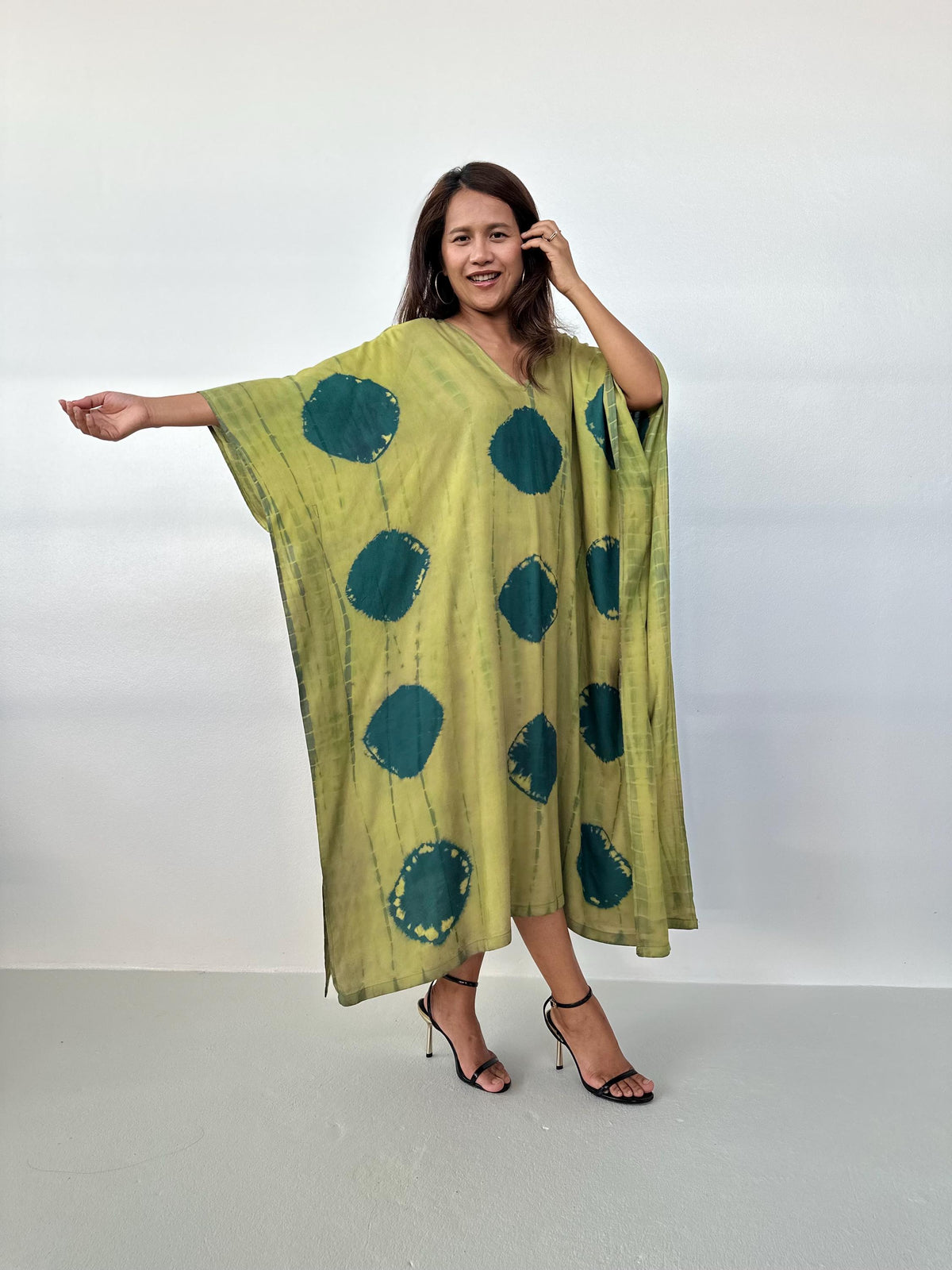Mala Handworks Mala Kaftan in Lime & Jade Polka Dot Tie Dye