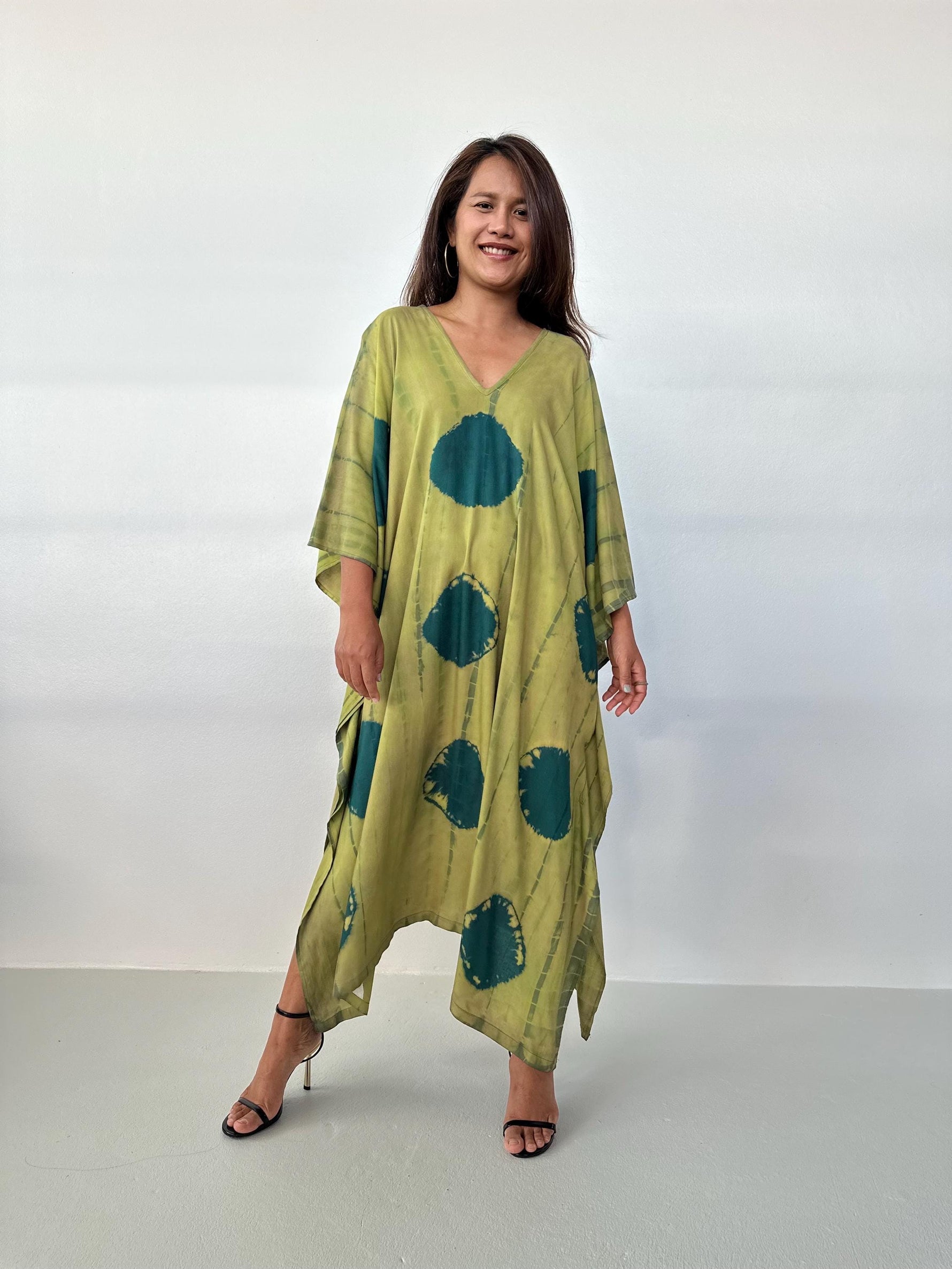Mala Handworks Mala Kaftan in Lime & Jade Polka Dot Tie Dye