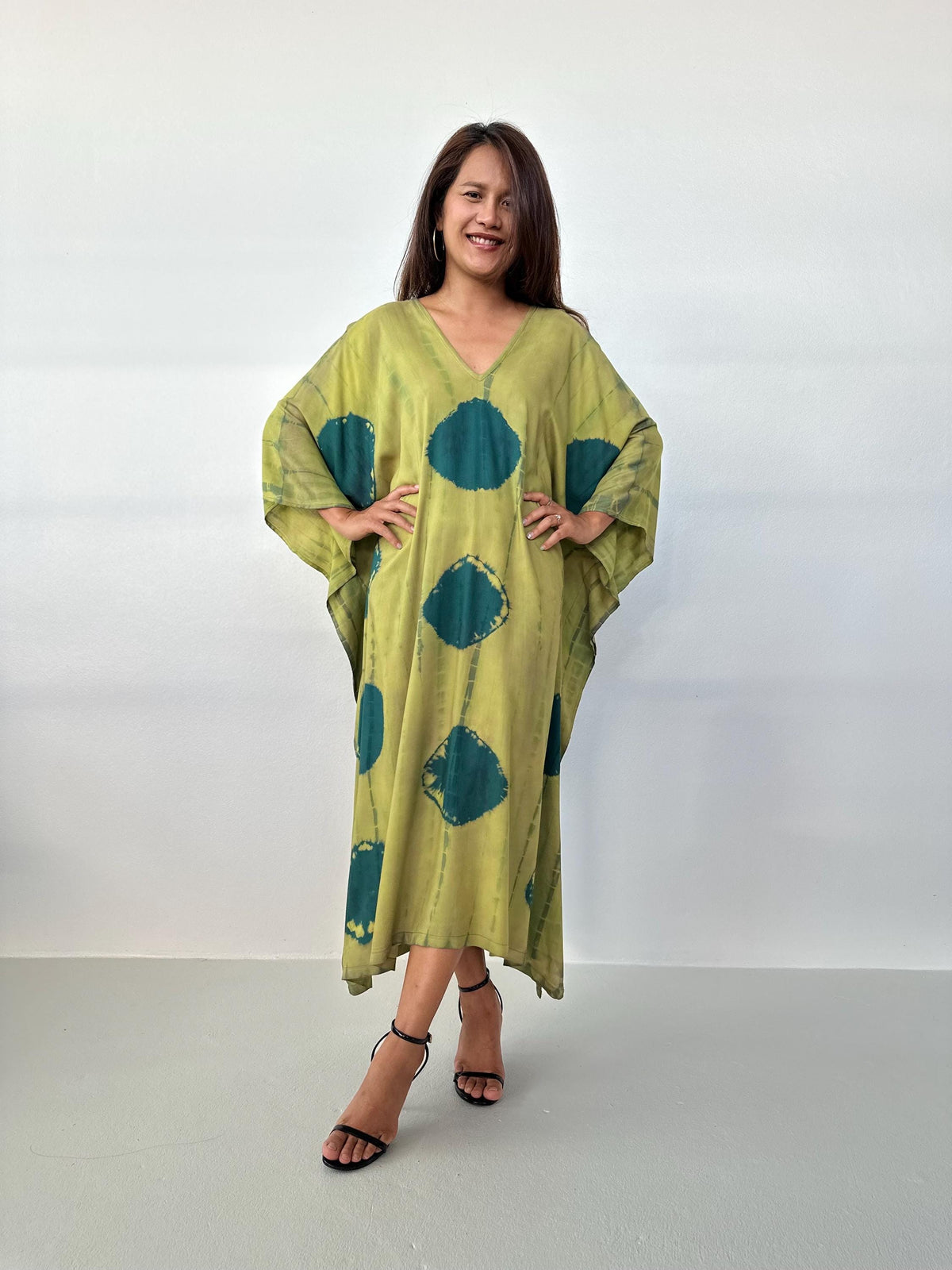 Mala Handworks Mala Kaftan in Lime & Jade Polka Dot Tie Dye