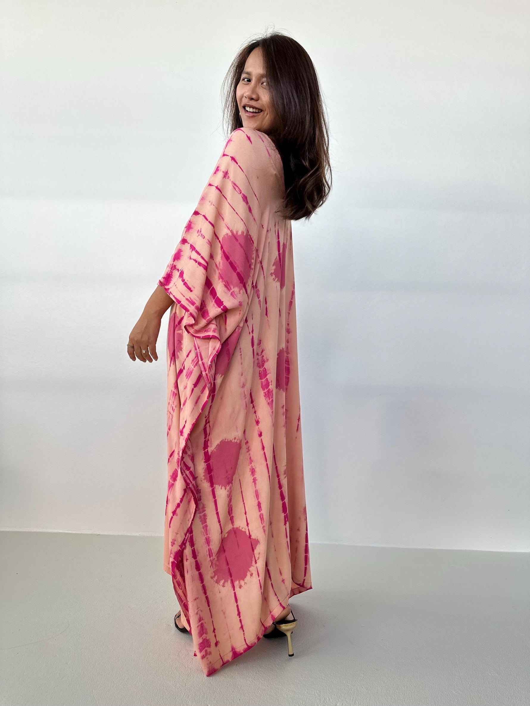 Mala Handworks Mala Kaftan in Peach & Watermelon Polka Dot Tie Dye